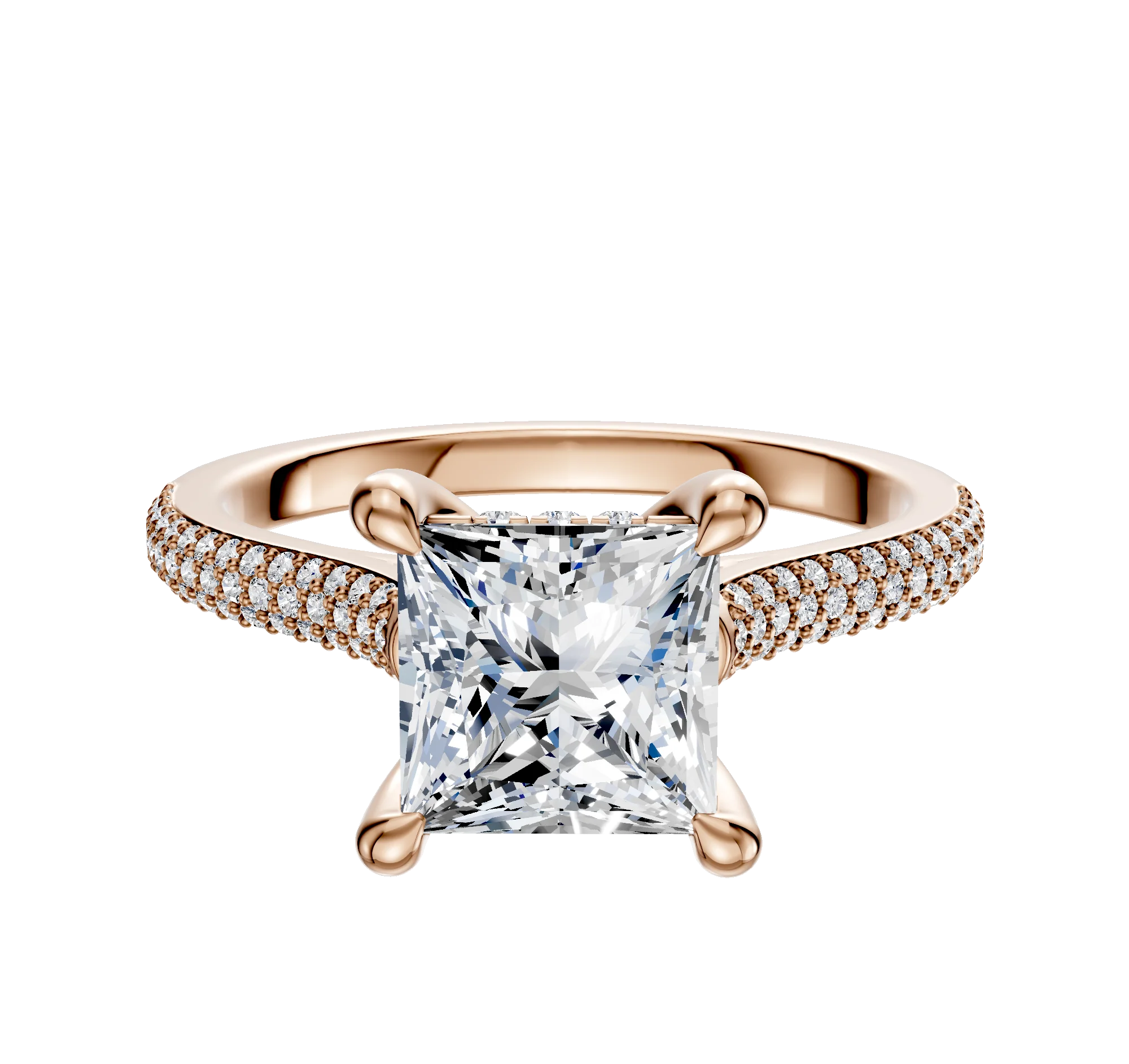 14K Rose Gold 4 Prong Hidden Halo Cathedral Dome 3-Row-Pave 2.0mm Engagement Ring
