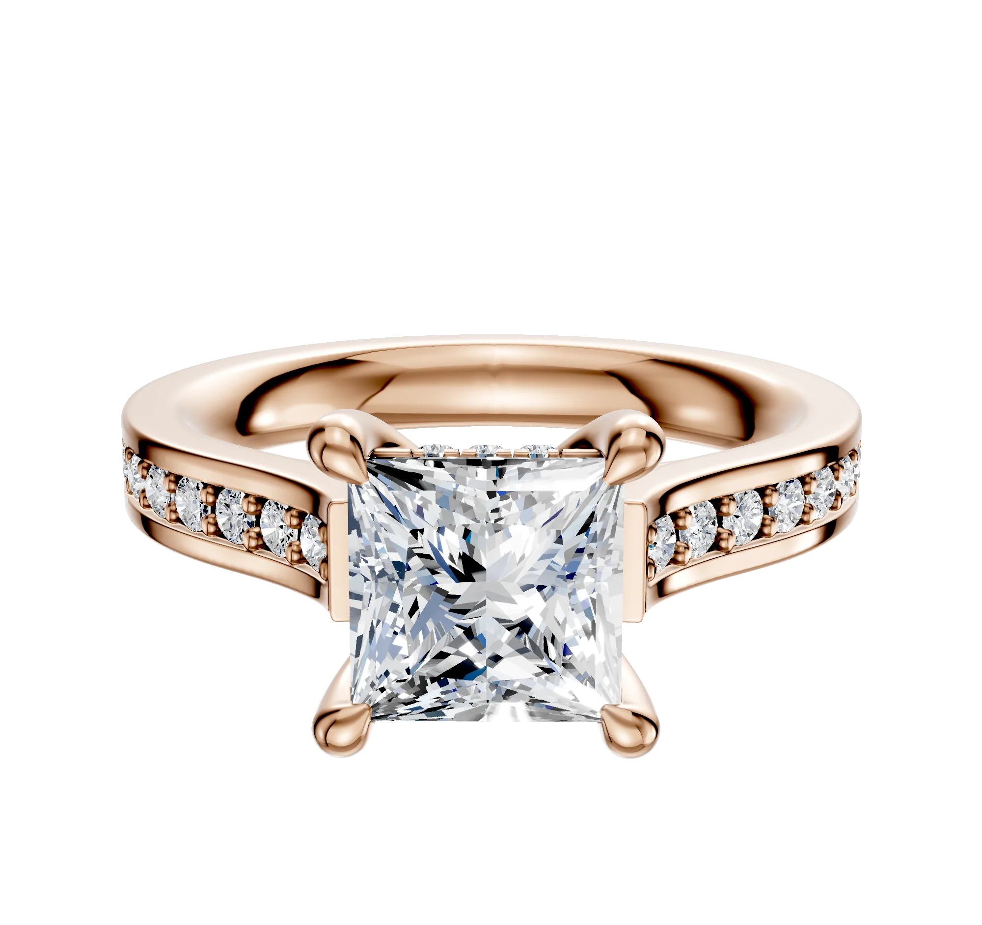 14K Rose Gold 4 Prong Hidden Halo Cathedral Flat 1-Row-Pave 2.5mm Engagement Ring