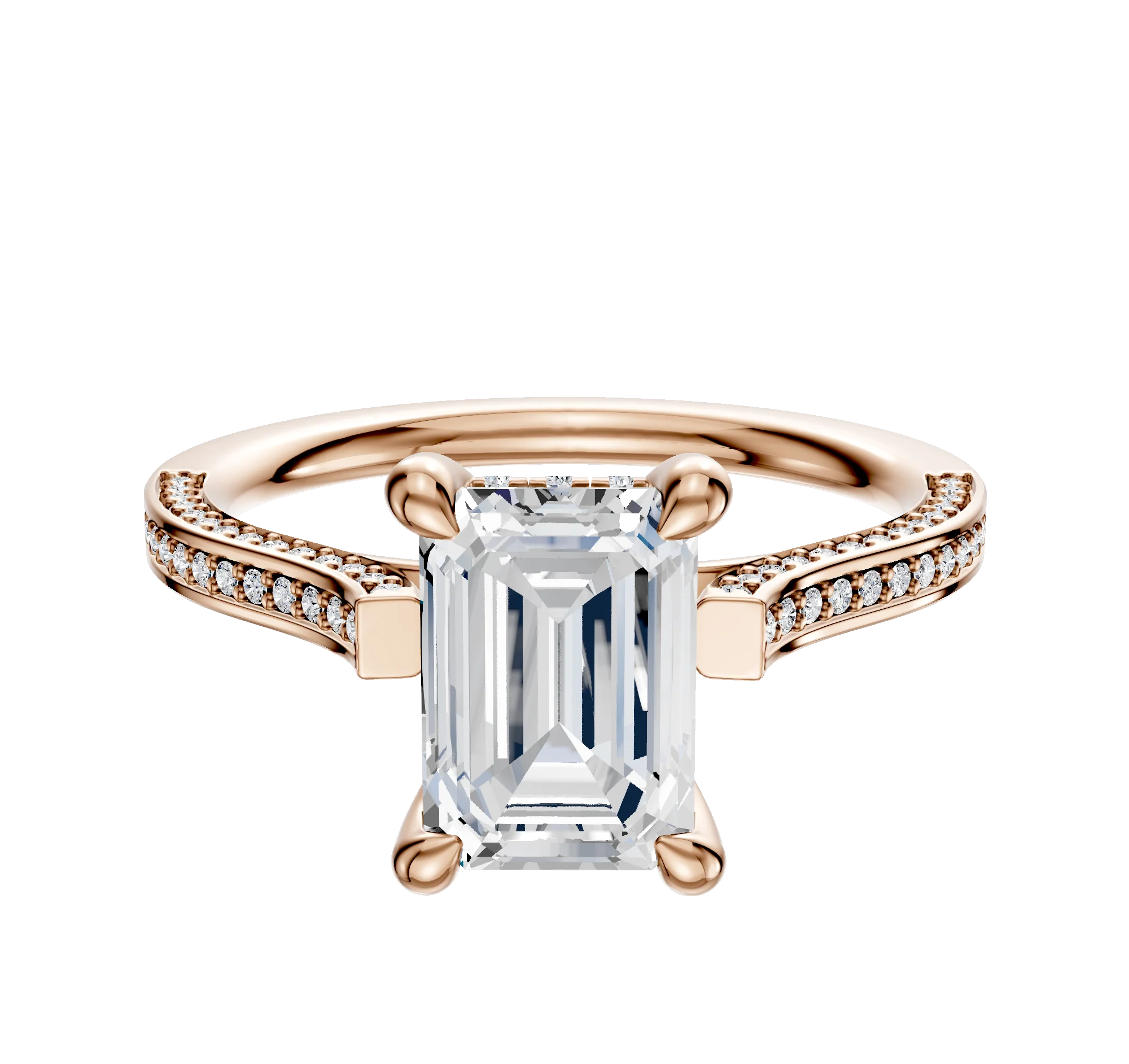 14K Rose Gold 4 Prong Hidden Halo Cathedral Flat 3-Row-Pave 2.0mm Engagement Ring