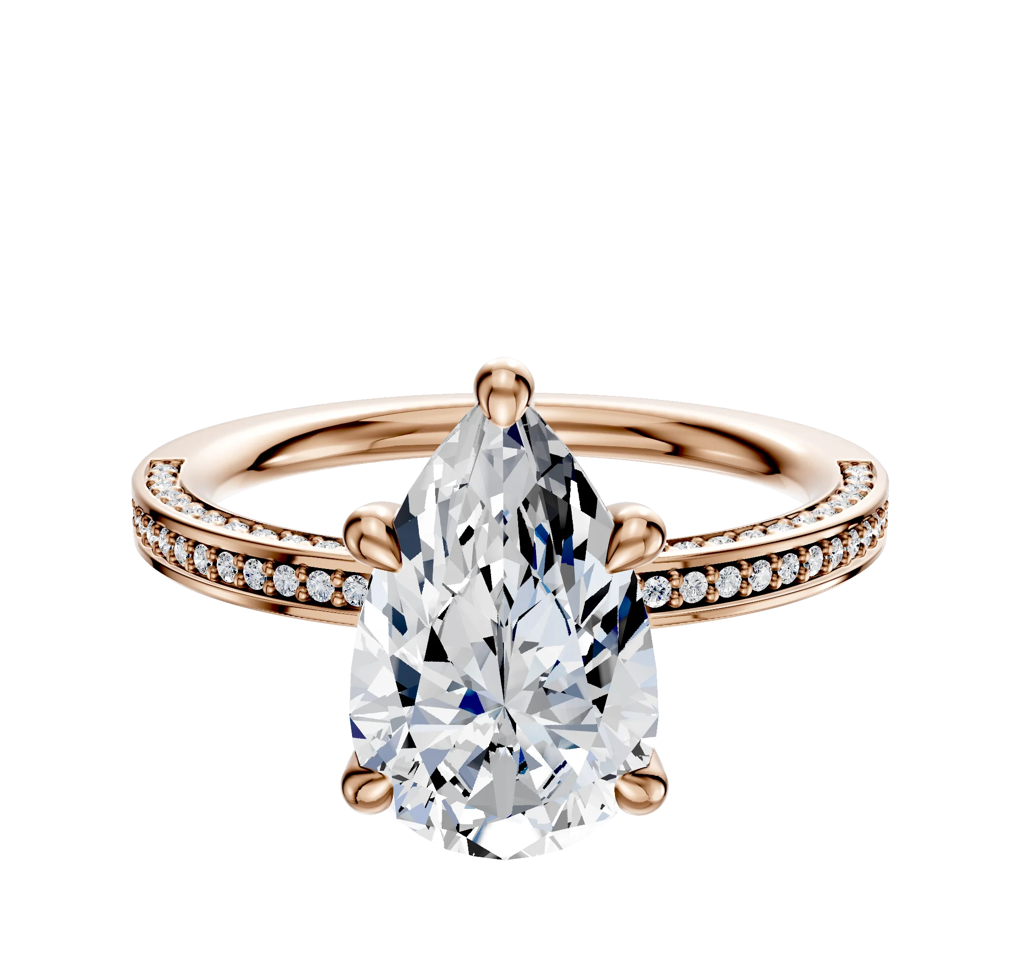 14K Rose Gold 4 Prong Hidden Halo Classic Flat 3-Row-Pave 2.0mm Engagement Ring