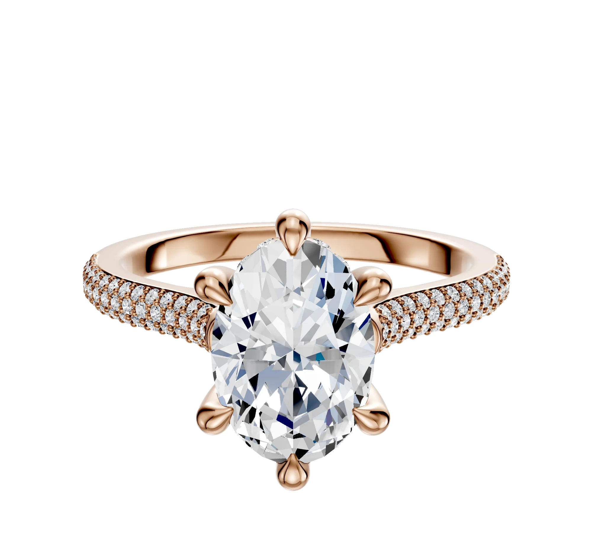 14K Rose Gold 6 Prong Hidden Halo Cathedral Dome 3-Row-Pave 2.0mm Engagement Ring