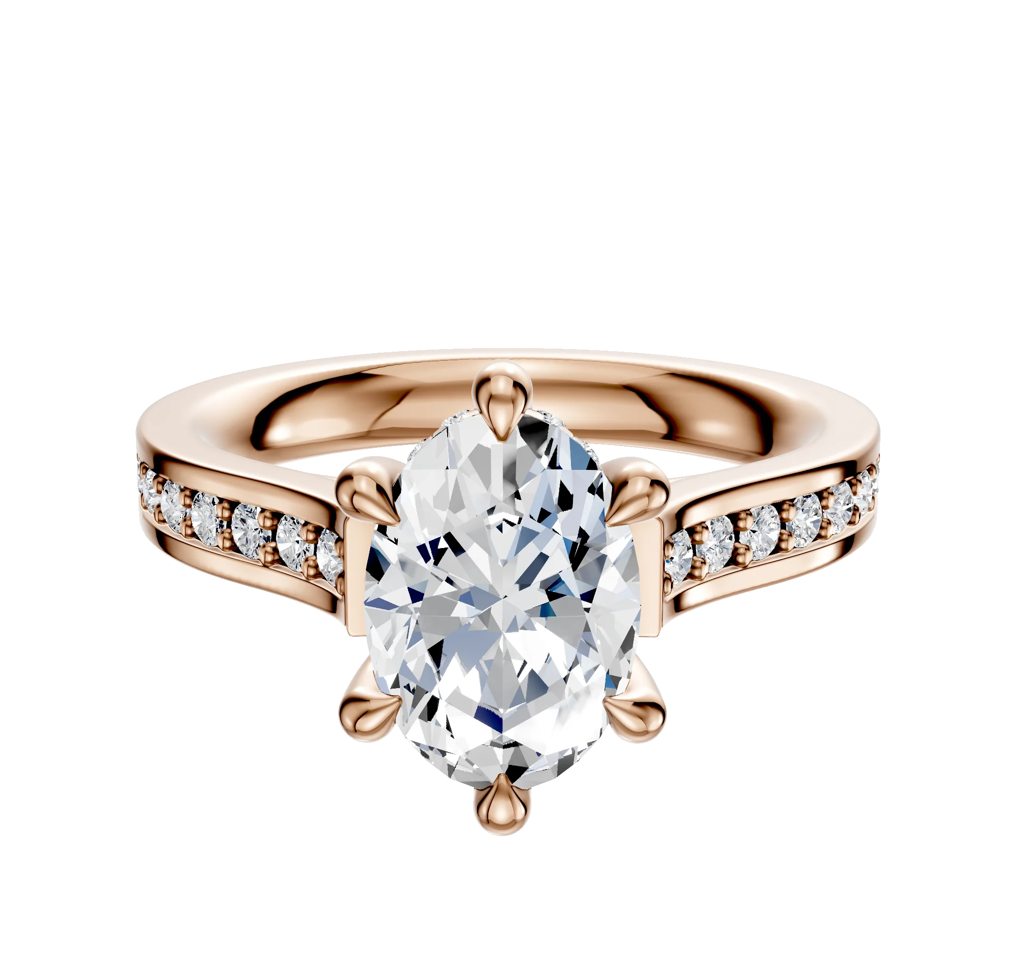 14K Rose Gold 6 Prong Hidden Halo Cathedral Flat 1-Row-Pave 2.5mm Engagement Ring