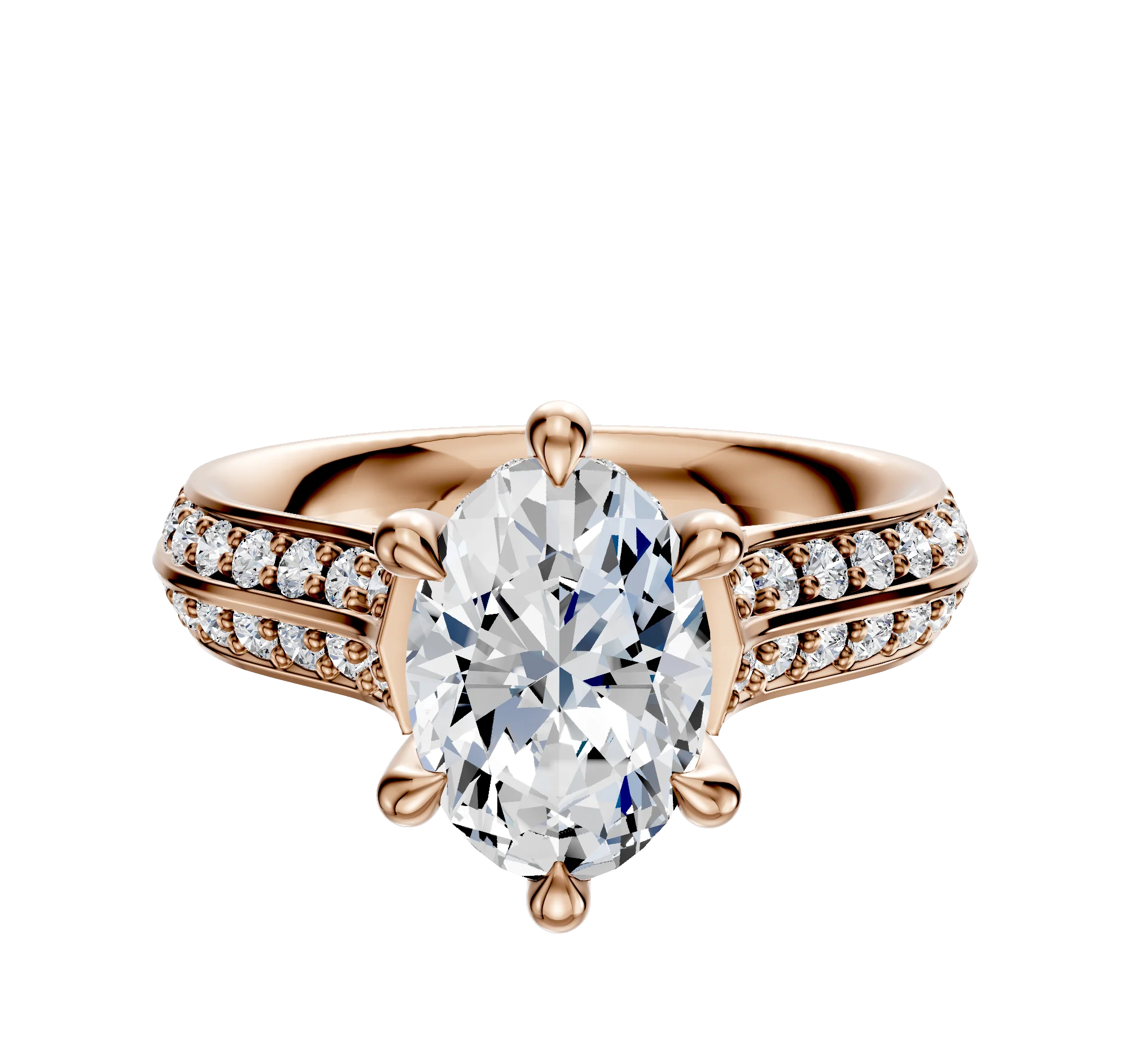 14K Rose Gold 6 Prong Hidden Halo Cathedral Knife Edge 1-Row-Pave 2.5mm Engagement Ring