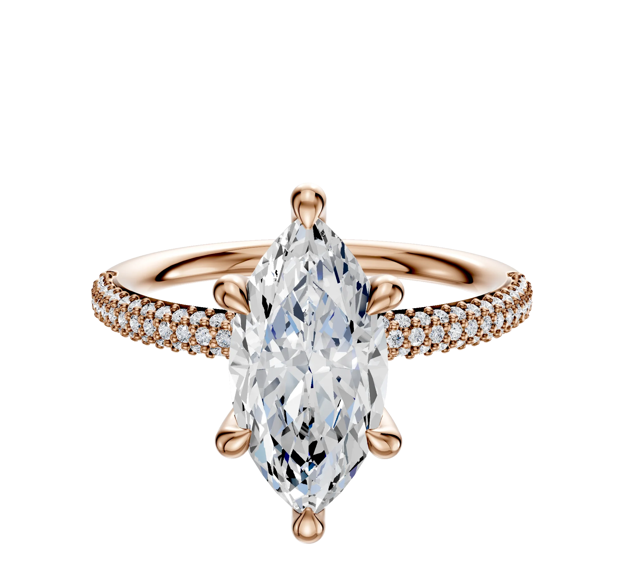 14K Rose Gold 6 Prong Hidden Halo Classic Dome 3-Row-Pave 2.0mm Engagement Ring