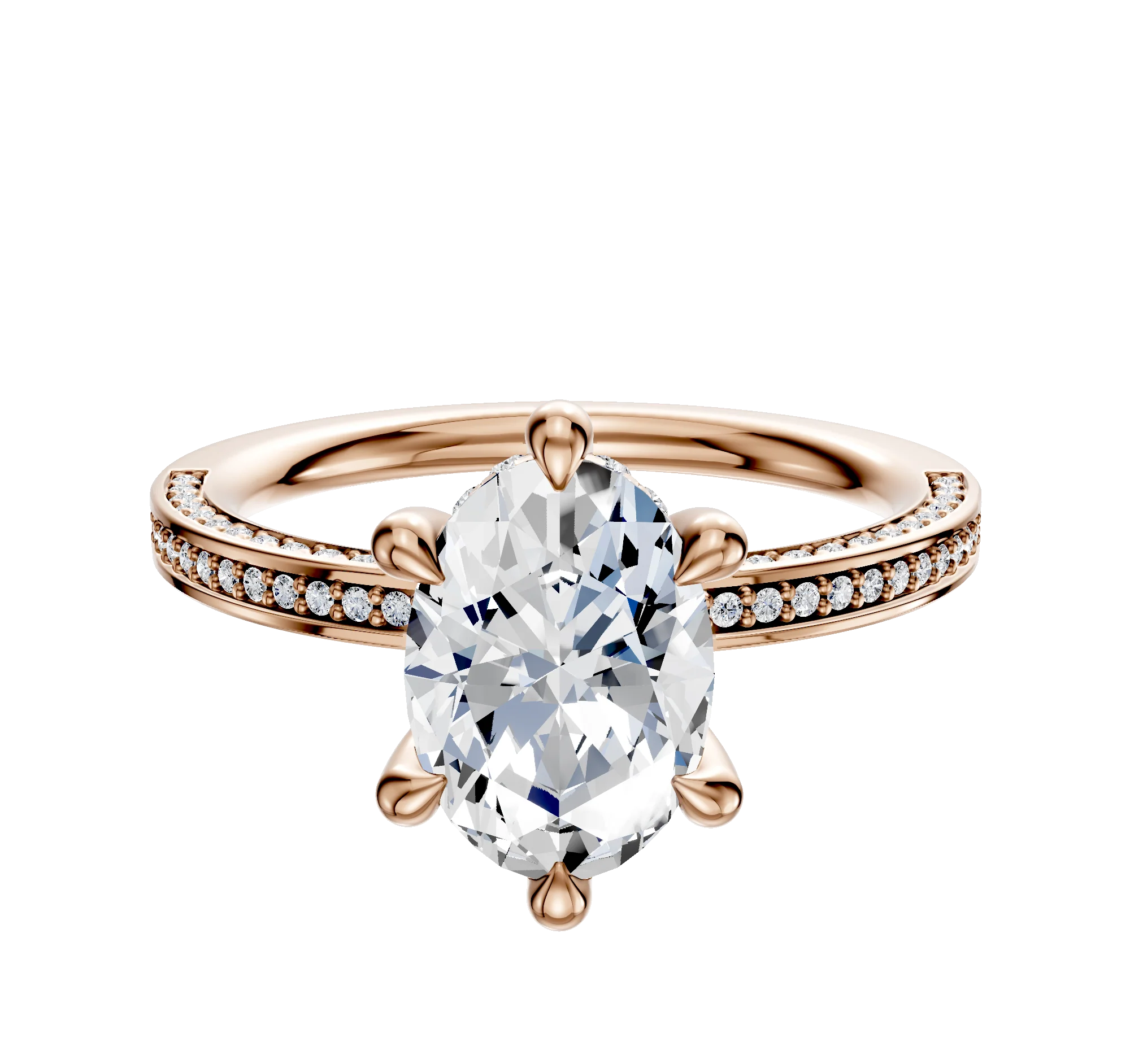 14K Rose Gold 6 Prong Hidden Halo Classic Flat 3-Row-Pave 2.0mm Engagement Ring