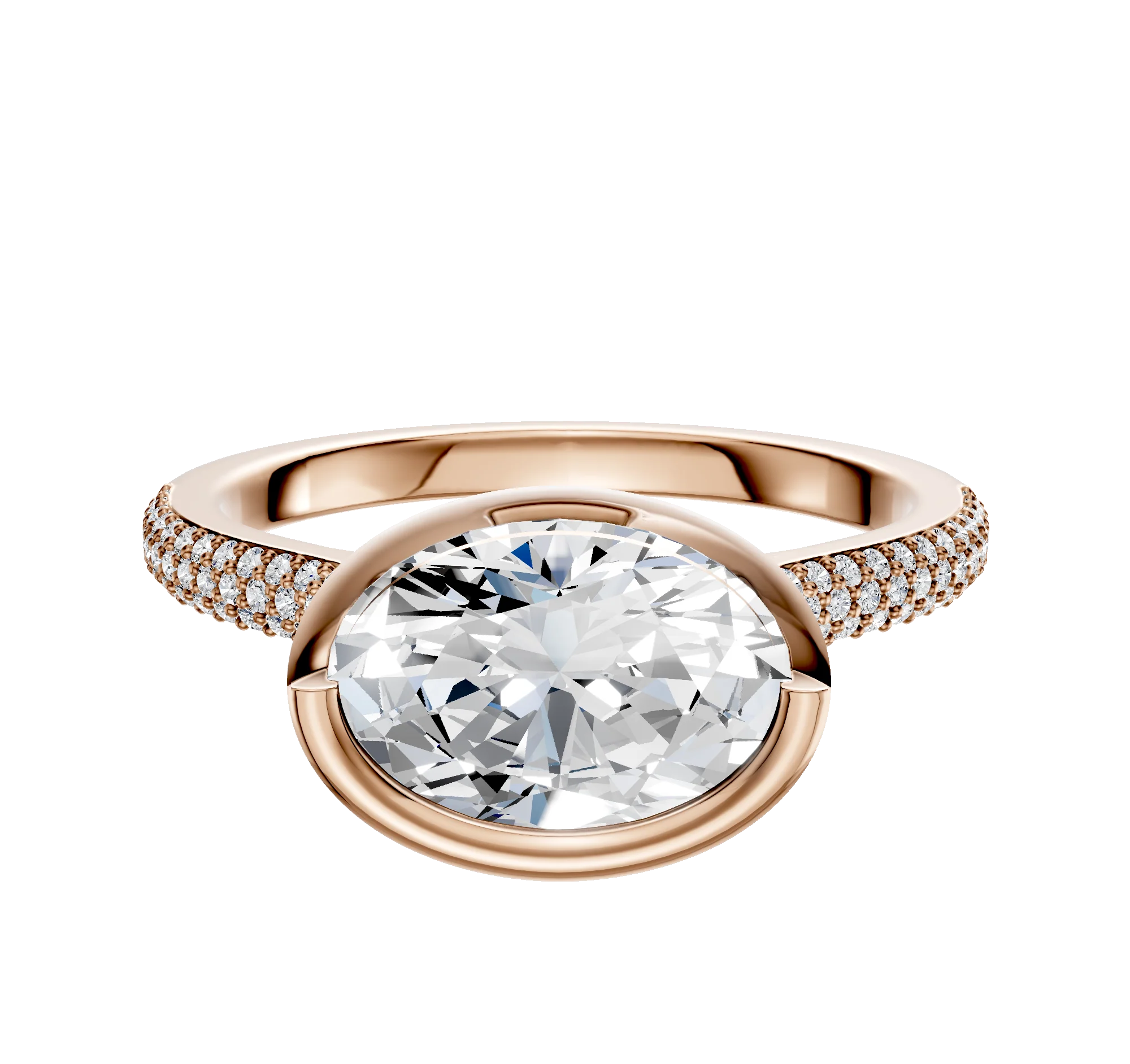 14K Rose Gold Bezel Full Bezel East/West Cathedral Dome 3-Row-Pave 2.0mm Engagement Ring
