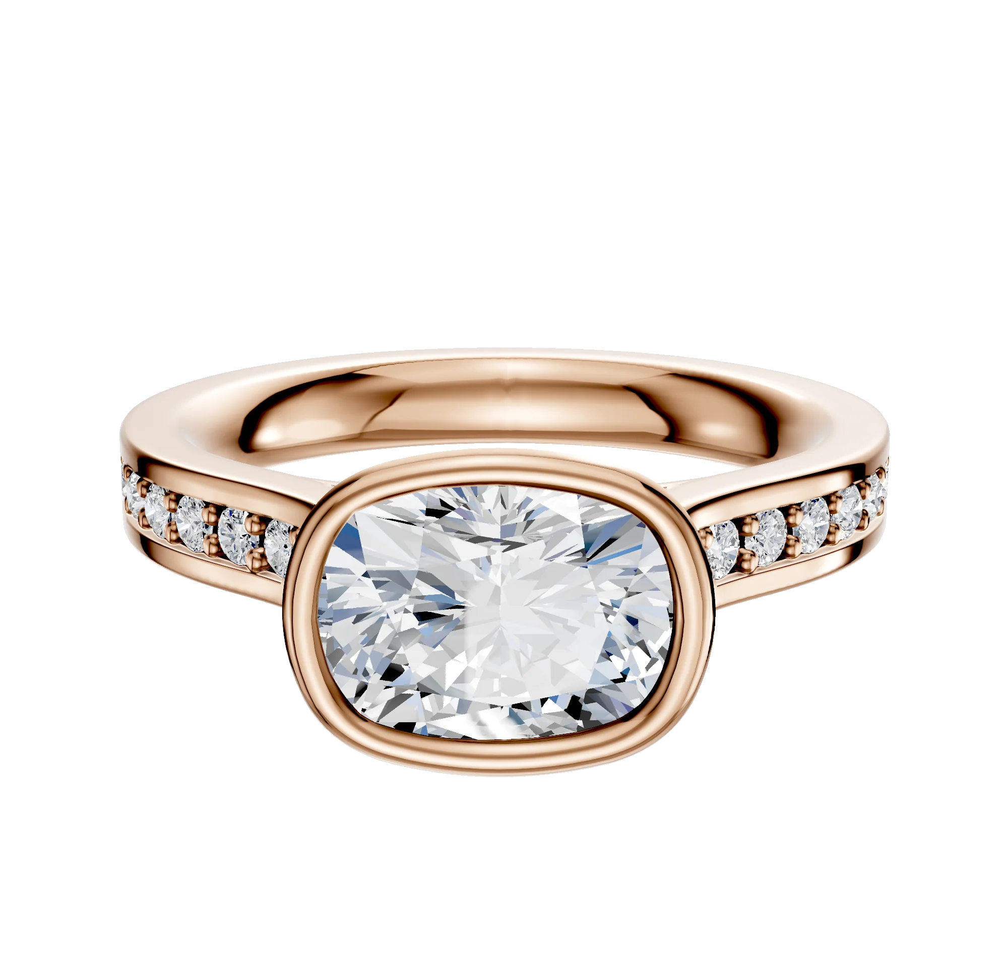14K Rose Gold Bezel Full Bezel East/West Cathedral Flat 1-Row-Pave 2.5mm Engagement Ring