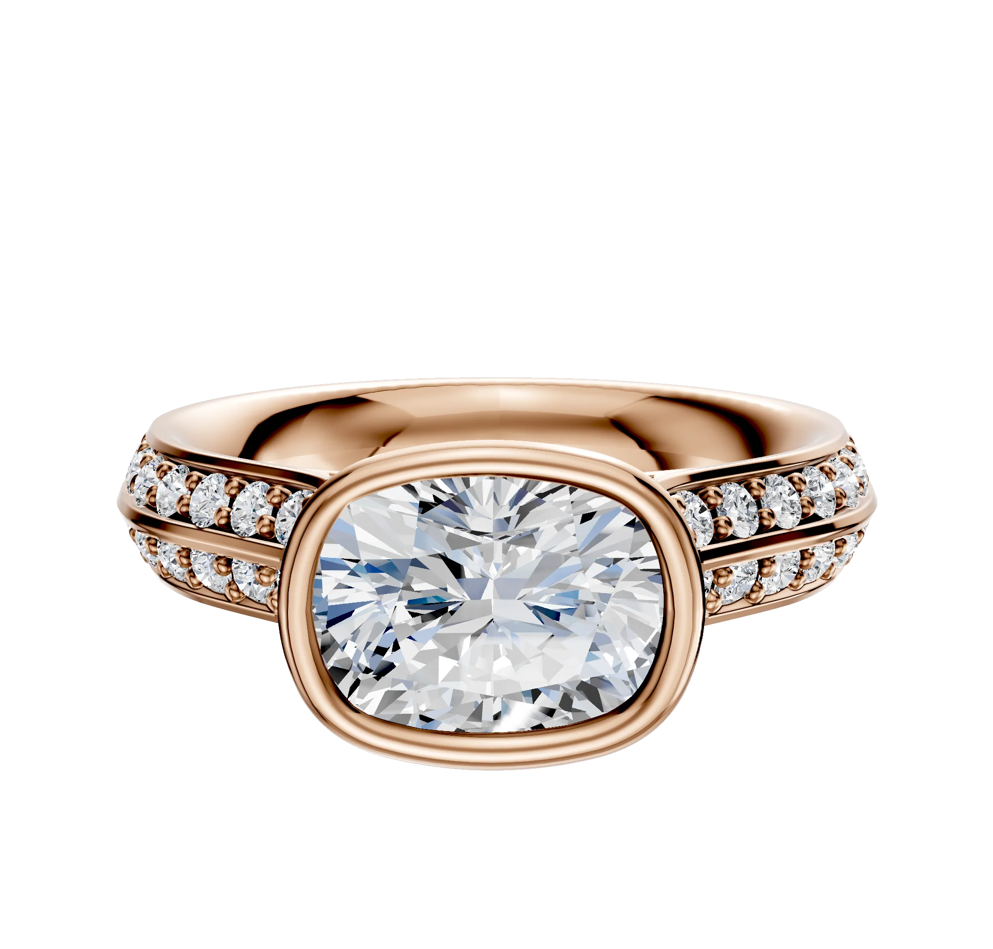 14K Rose Gold Bezel Full Bezel East/West Cathedral Knife Edge 1-Row-Pave 2.5mm Engagement Ring