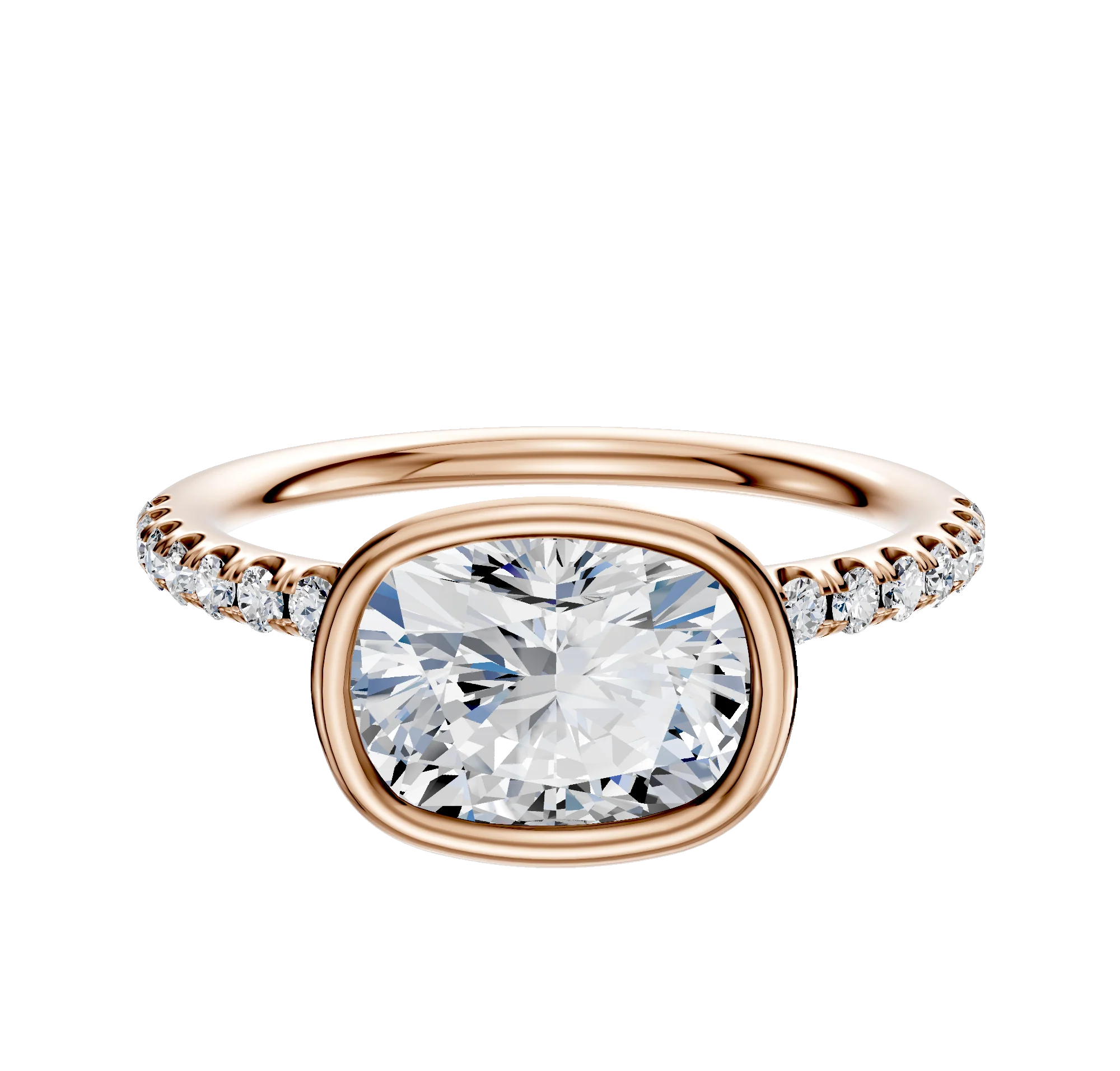 14K Rose Gold Bezel Full Bezel East/West Classic Dome 1-Row-Pave 2.5mm Engagement Ring
