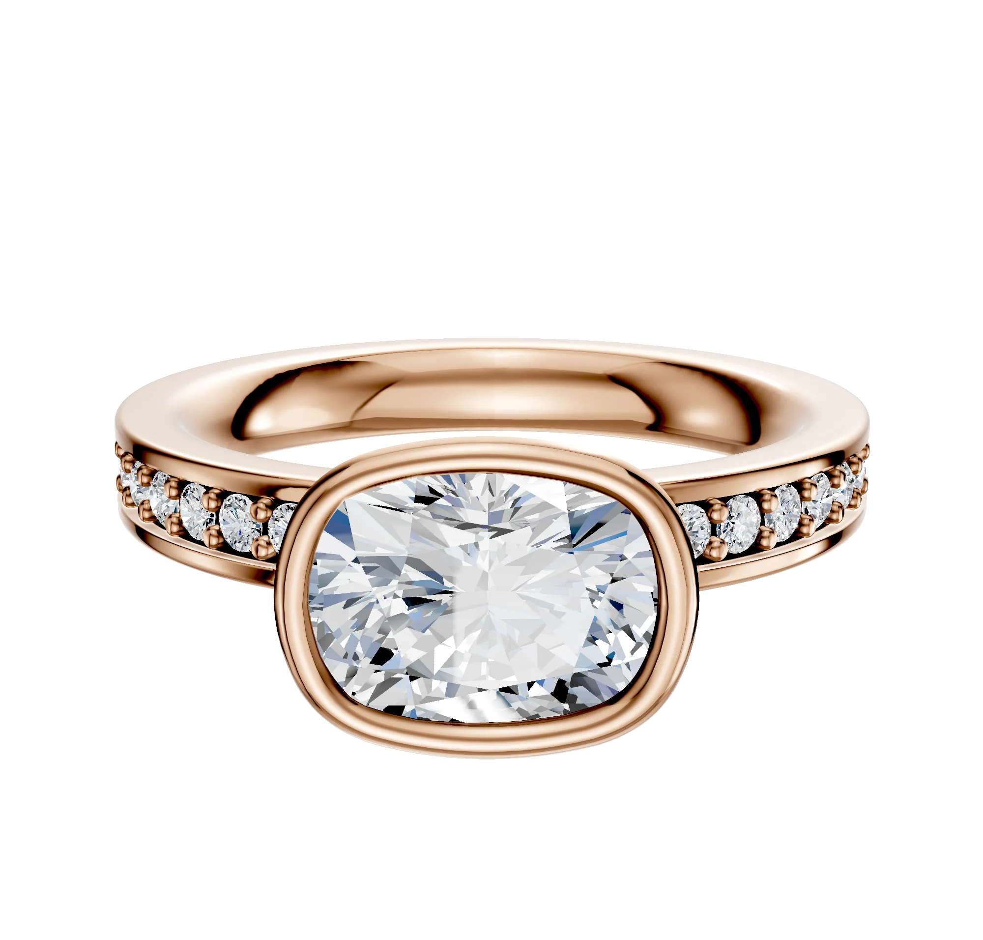14K Rose Gold Bezel Full Bezel East/West Classic Flat 1-Row-Pave 2.5mm Engagement Ring
