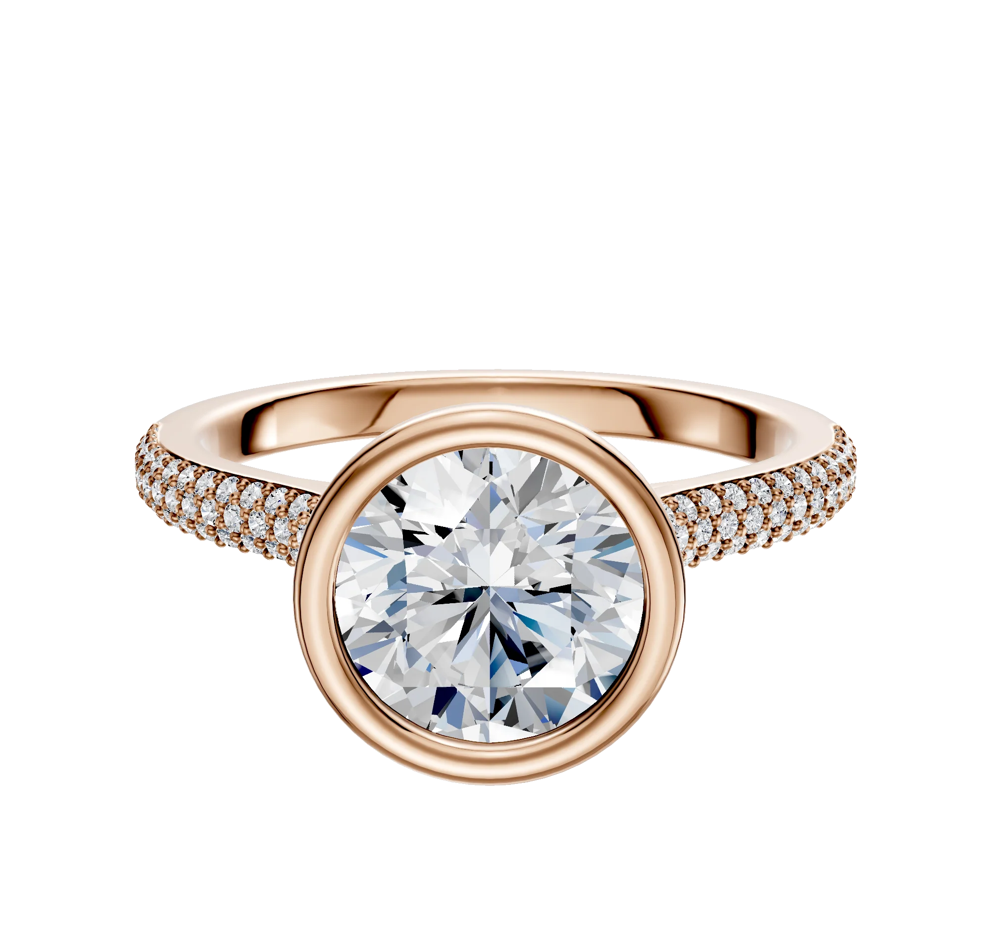 14K Rose Gold Bezel Full Bezel North/South Cathedral Dome 3-Row-Pave 2.0mm Engagement Ring