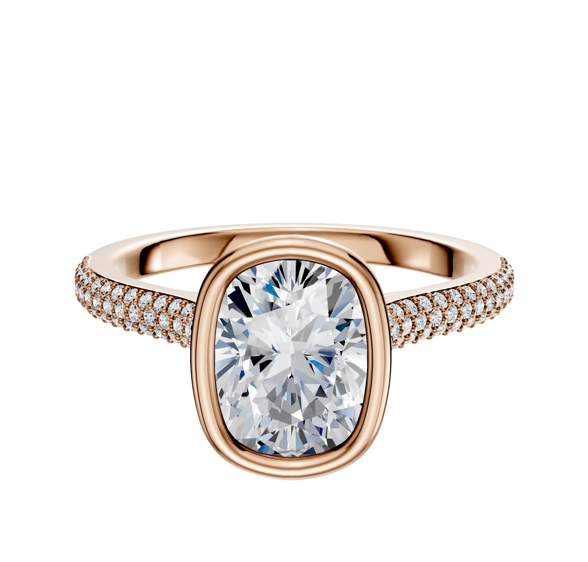 14K Rose Gold Bezel Full Bezel North/South Cathedral Dome 3-Row-Pave 2.0mm Engagement Ring
