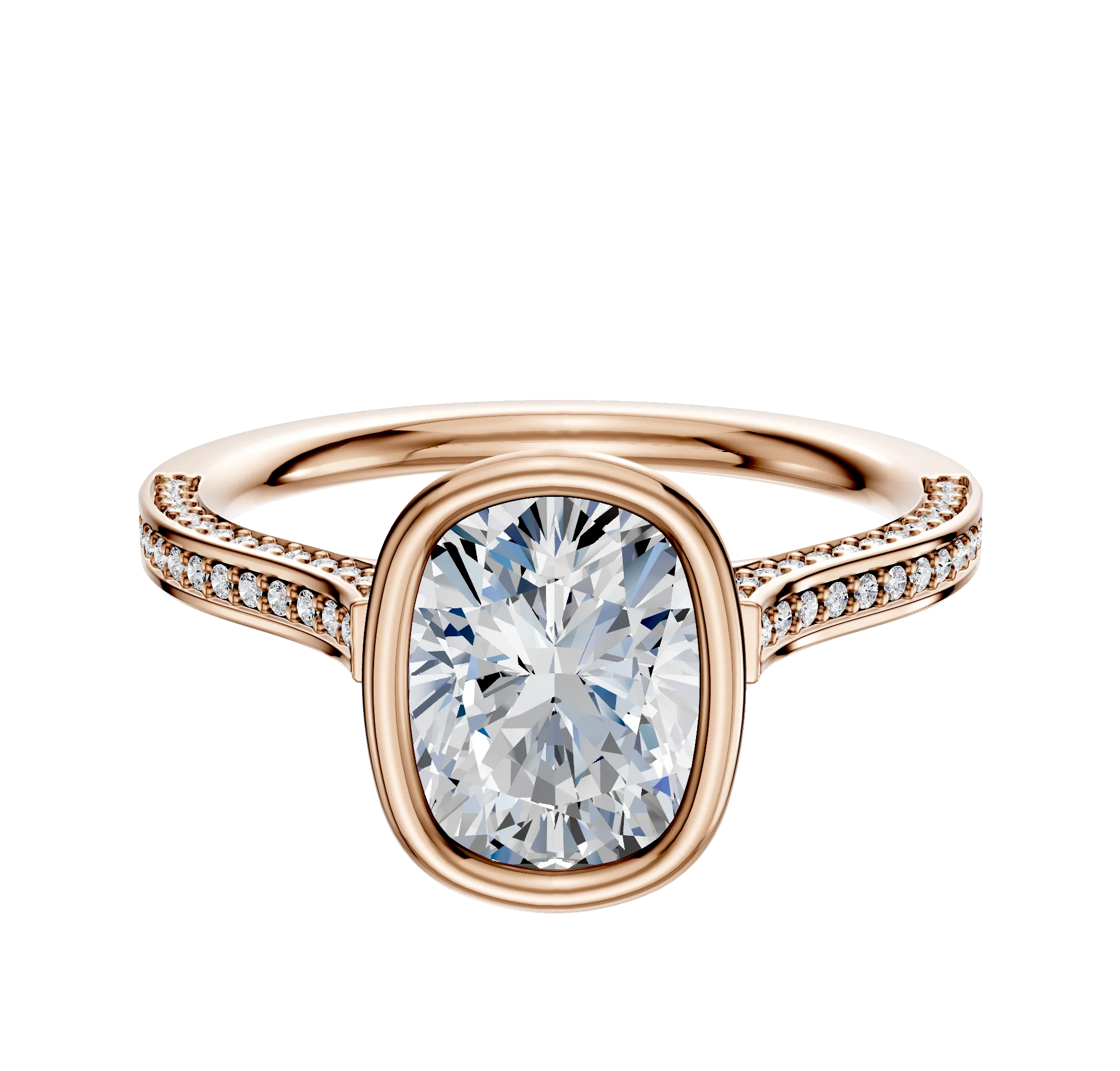 14K Rose Gold Bezel Full Bezel North/South Cathedral Flat 3-Row-Pave 2.0mm Engagement Ring