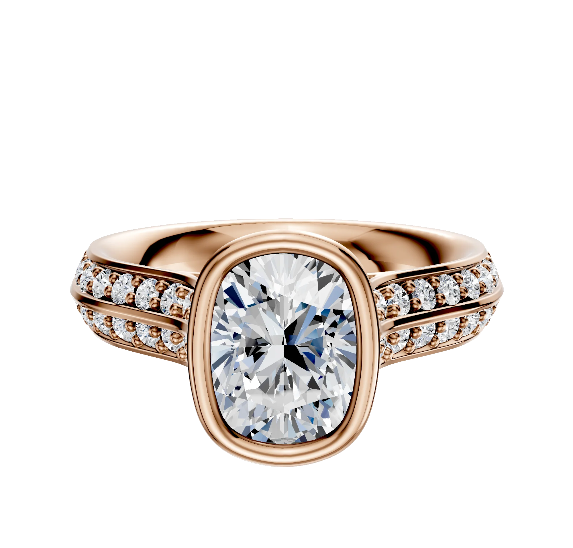 14K Rose Gold Bezel Full Bezel North/South Cathedral Knife Edge 1-Row-Pave 2.5mm Engagement Ring