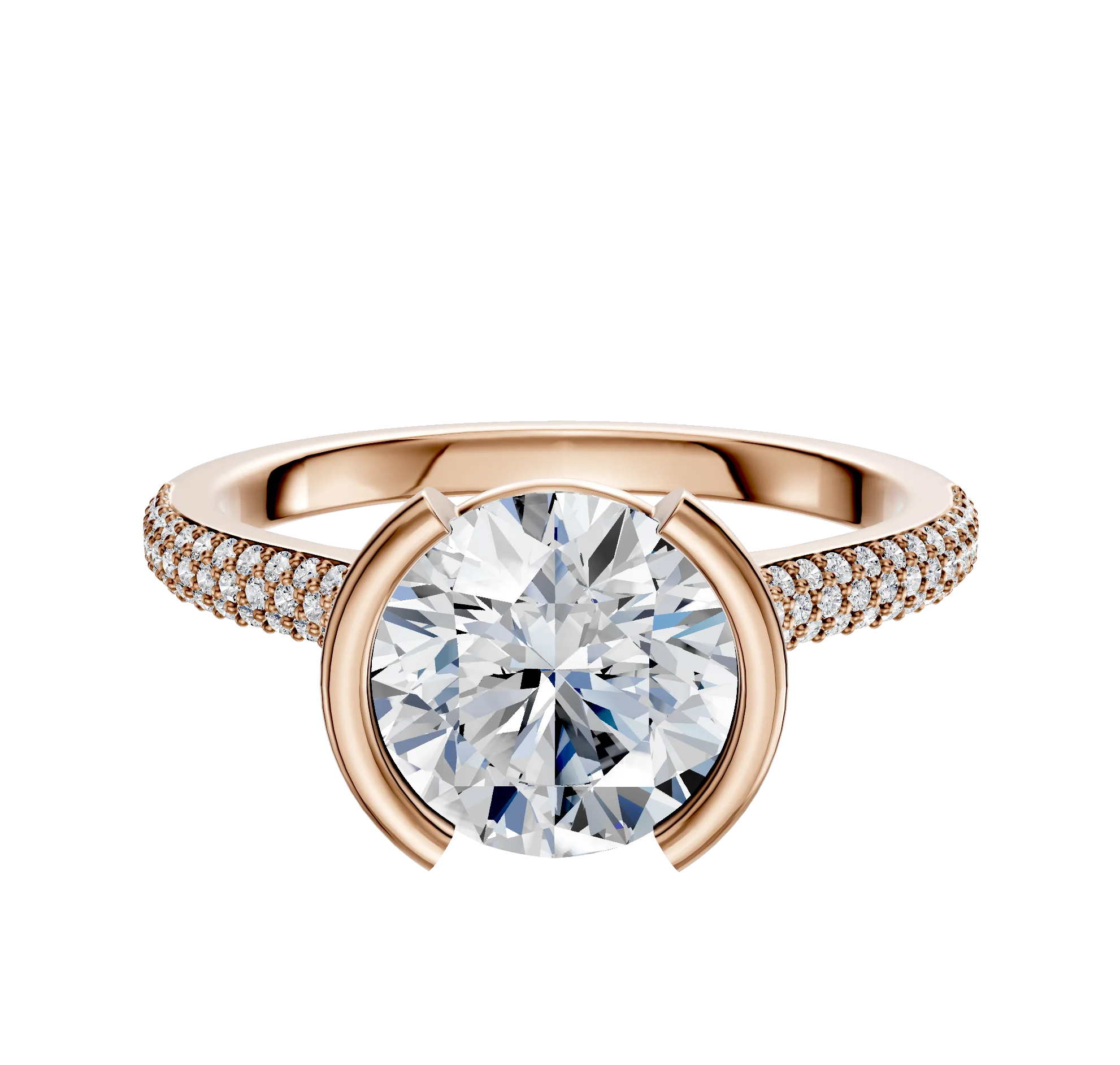 14K Rose Gold Bezel Half Bezel North/South Cathedral Dome 3-Row-Pave 2.0mm Engagement Ring