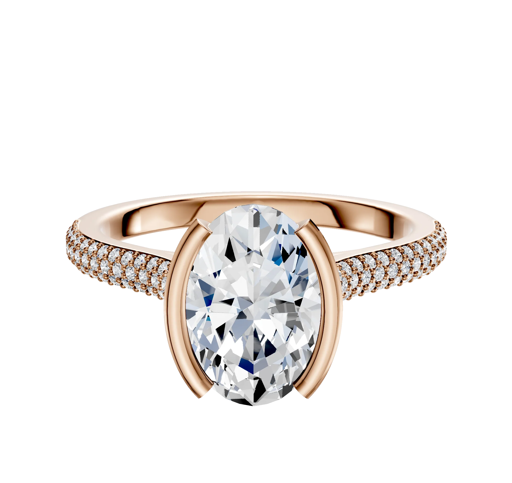 14K Rose Gold Bezel Half Bezel North/South Cathedral Dome 3-Row-Pave 2.0mm Engagement Ring