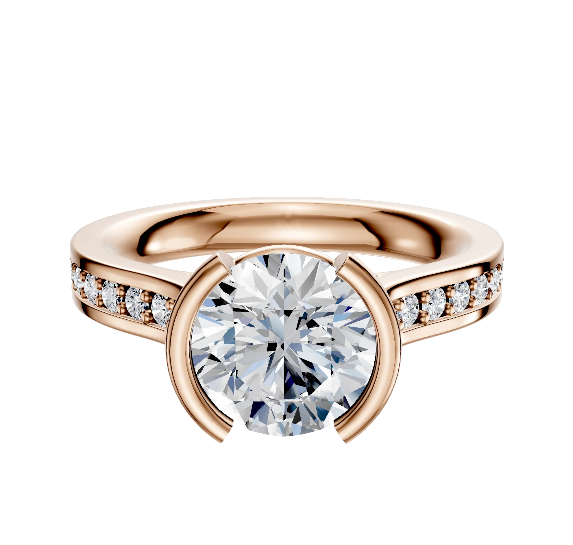 14K Rose Gold Bezel Half Bezel North/South Cathedral Flat 1-Row-Pave 2.5mm Engagement Ring