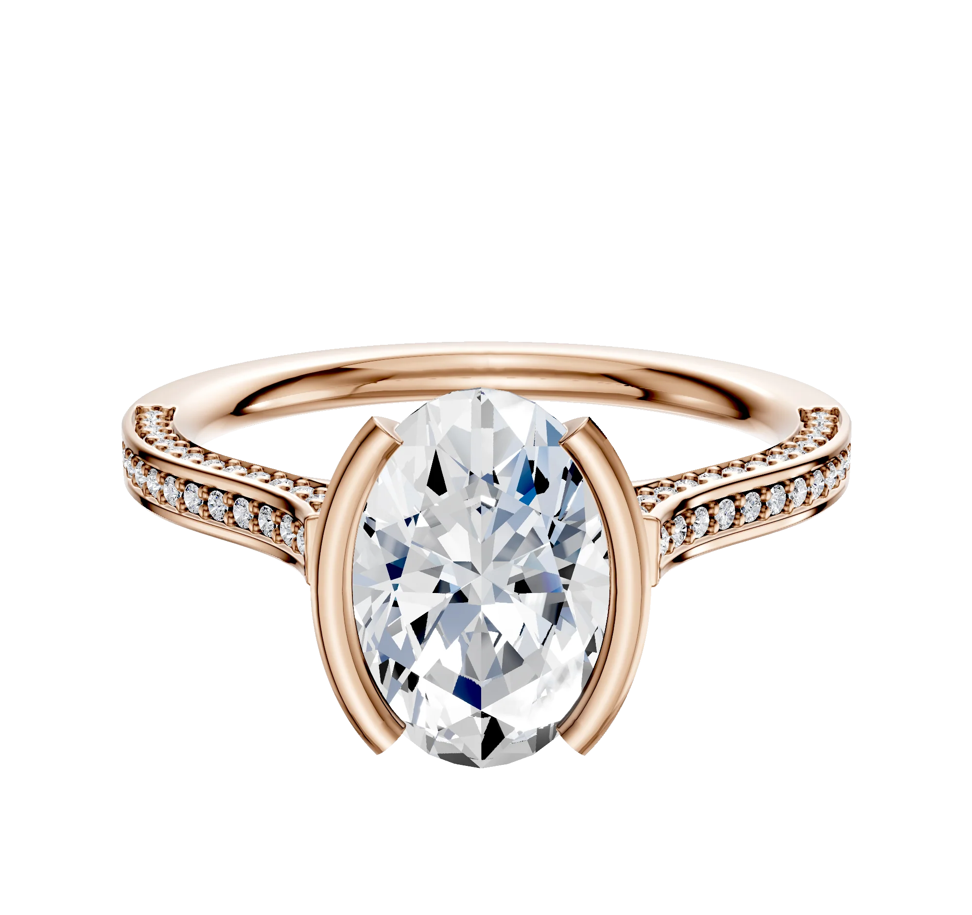 14K Rose Gold Bezel Half Bezel North/South Cathedral Flat 3-Row-Pave 2.0mm Engagement Ring