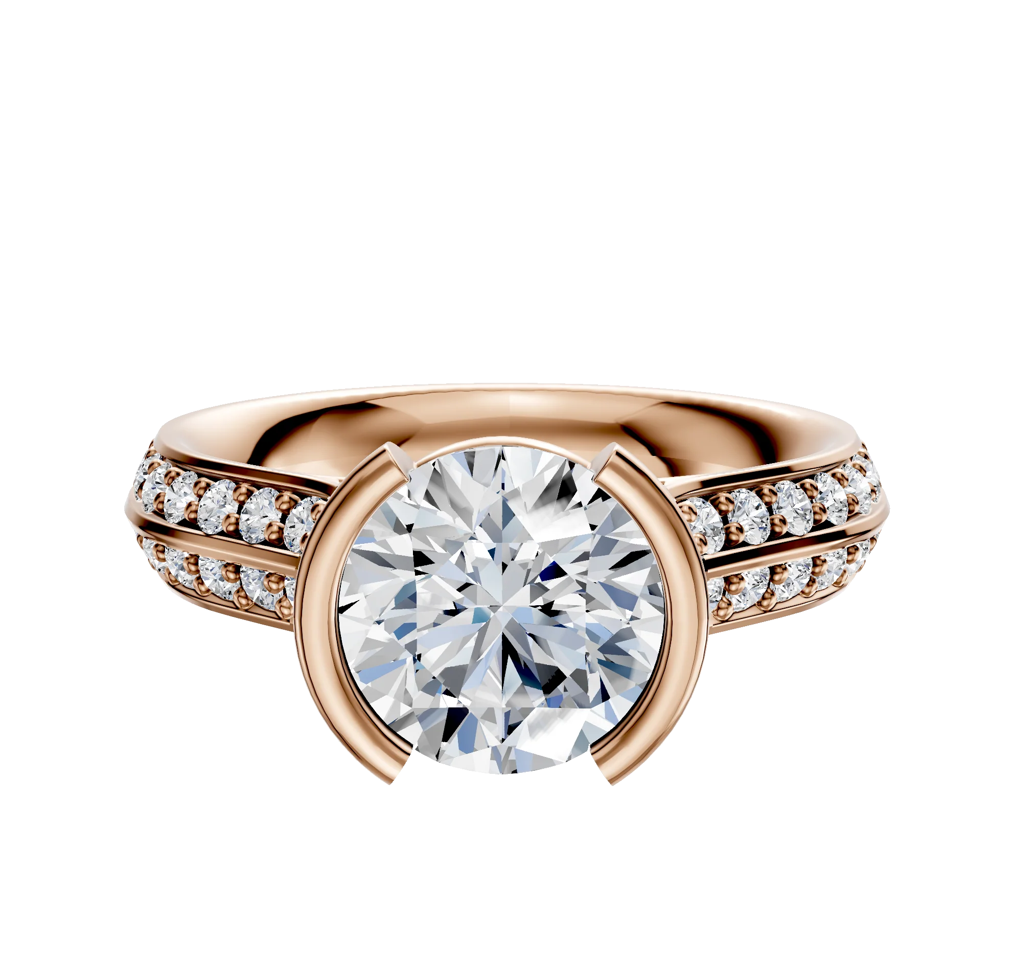 14K Rose Gold Bezel Half Bezel North/South Cathedral Knife Edge 1-Row-Pave 2.5mm Engagement Ring