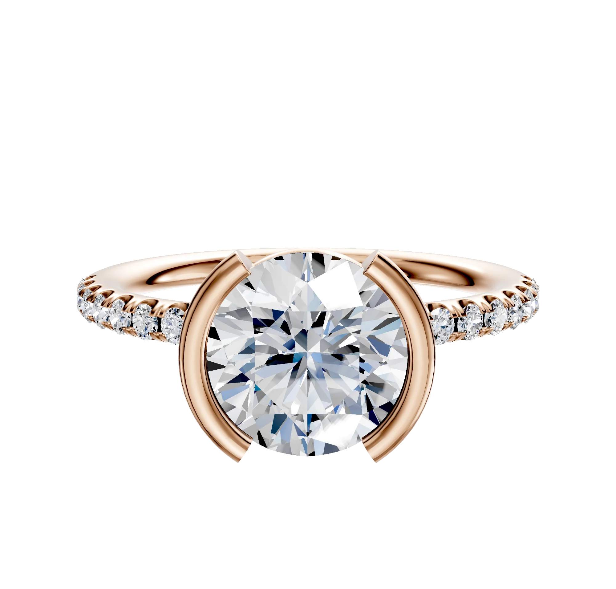 14K Rose Gold Bezel Half Bezel North/South Classic Dome 1-Row-Pave 2.5mm Engagement Ring