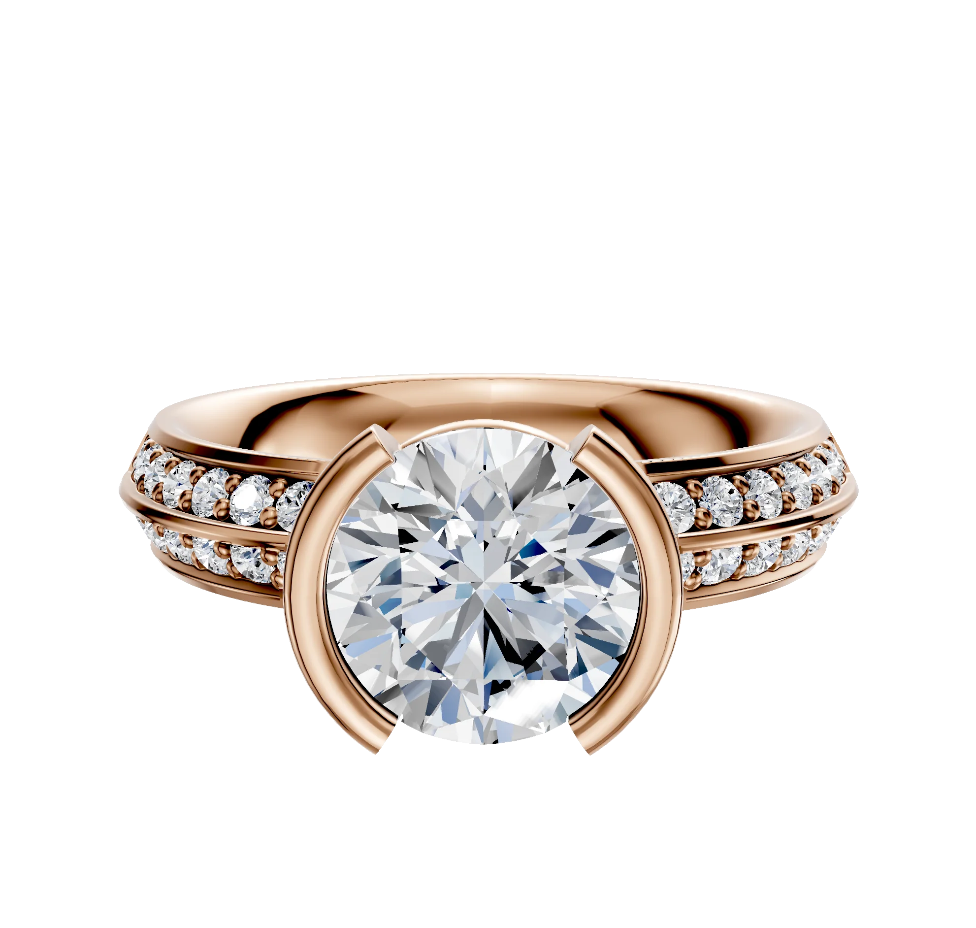 14K Rose Gold Bezel Half Bezel North/South Classic Knife Edge 1-Row-Pave 2.5mm Engagement Ring