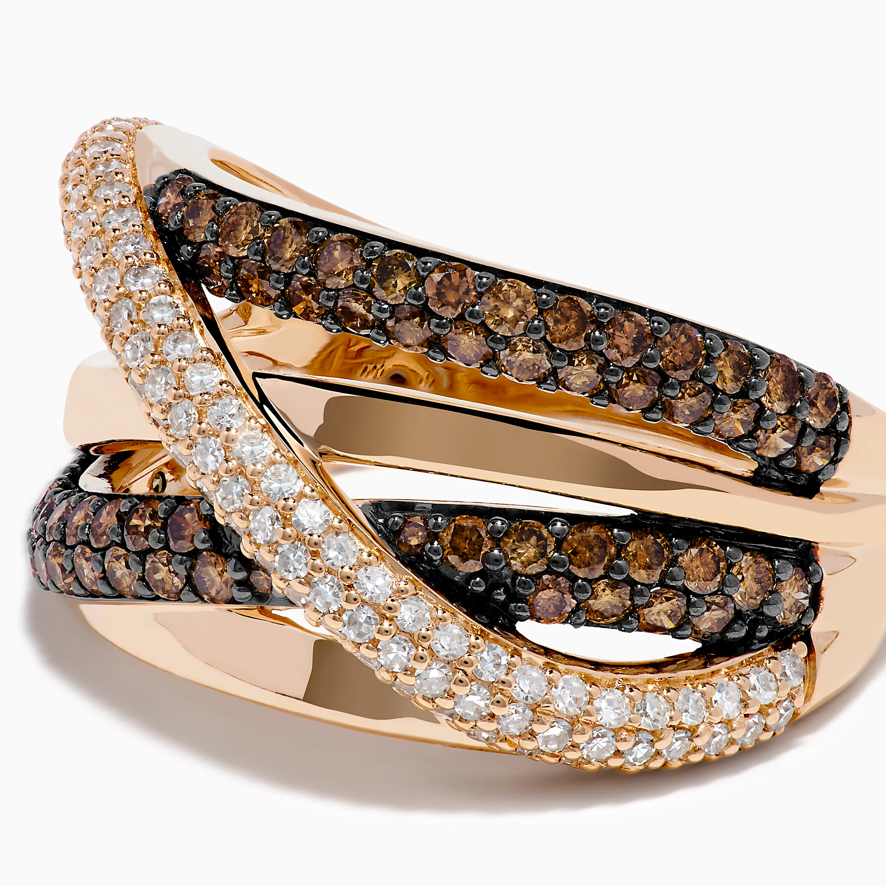 14K Rose Gold Brown and White Diamond Crossover Ring - Image 2