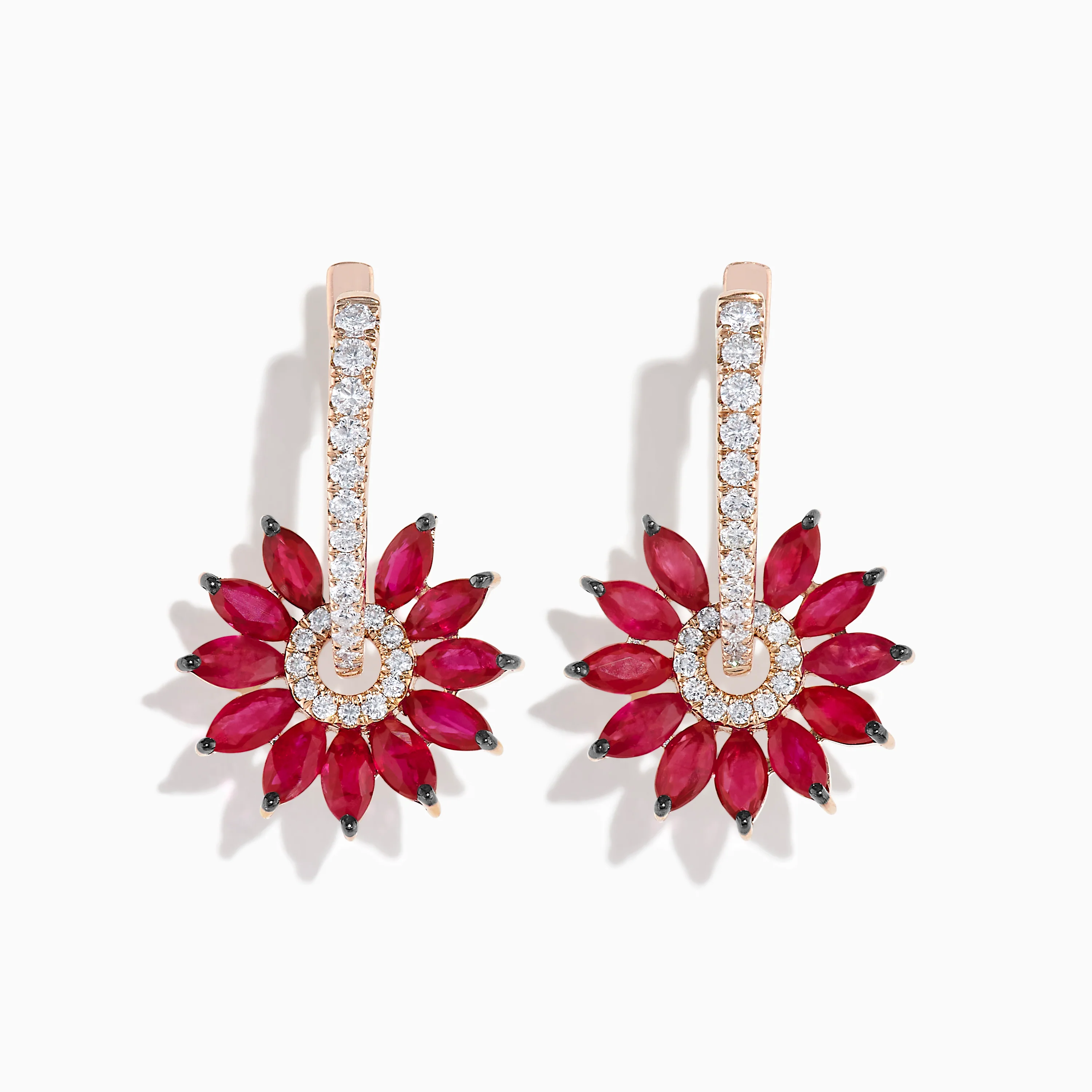 14K Rose Gold Ruby and Diamond Floral Huggie Earrings