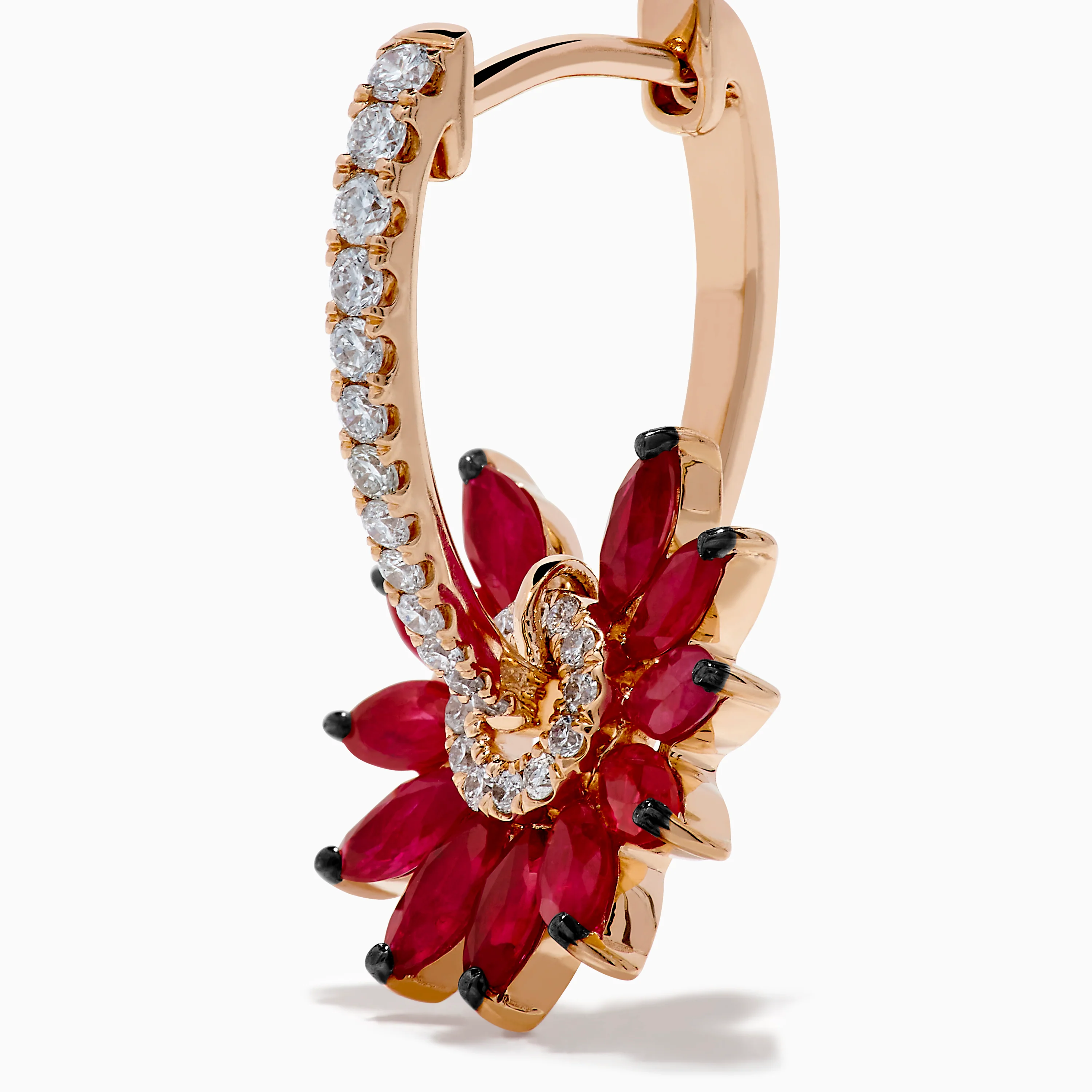 14K Rose Gold Ruby and Diamond Floral Huggie Earrings - Image 2