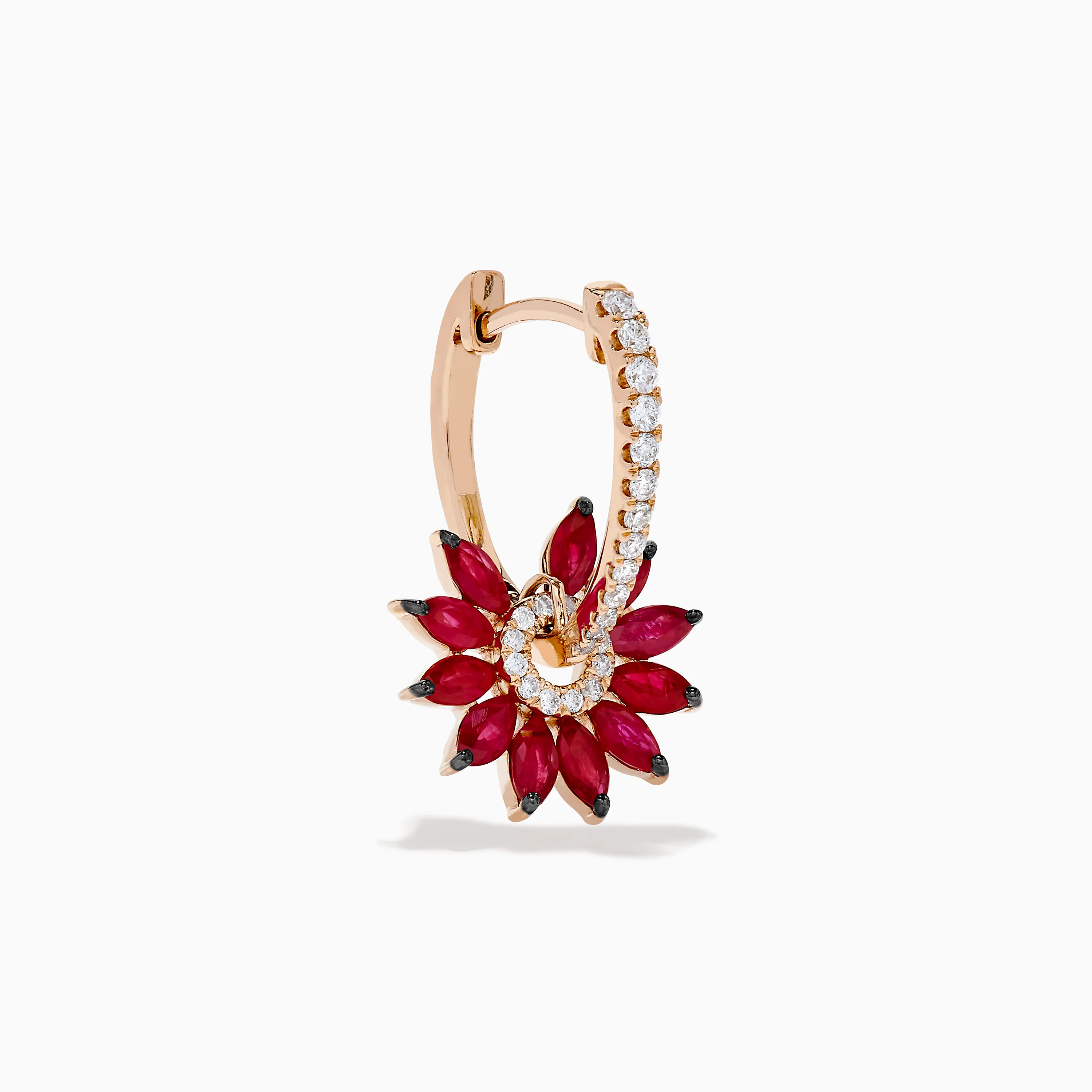 14K Rose Gold Ruby and Diamond Floral Huggie Earrings - Image 3