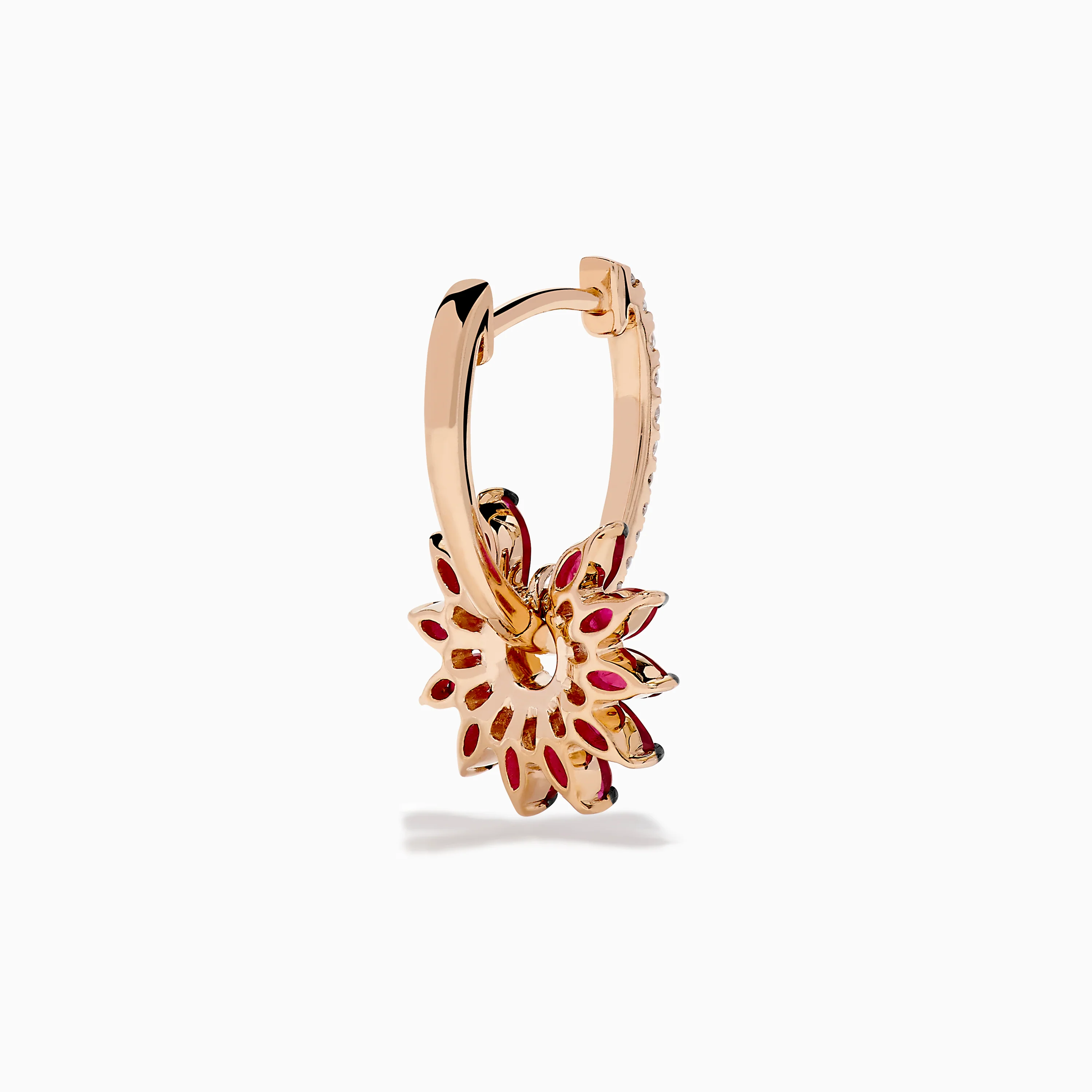 14K Rose Gold Ruby and Diamond Floral Huggie Earrings - Image 4