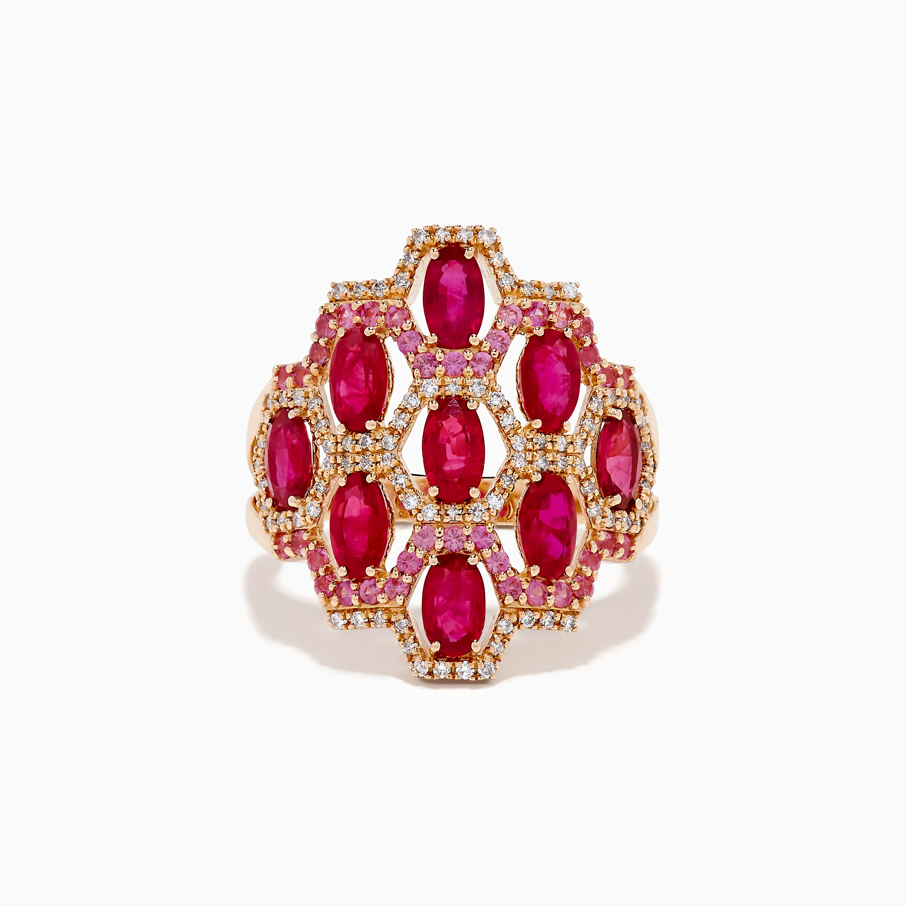 14K Rose Gold Ruby, Pink Sapphire, and Diamond Statement Ring