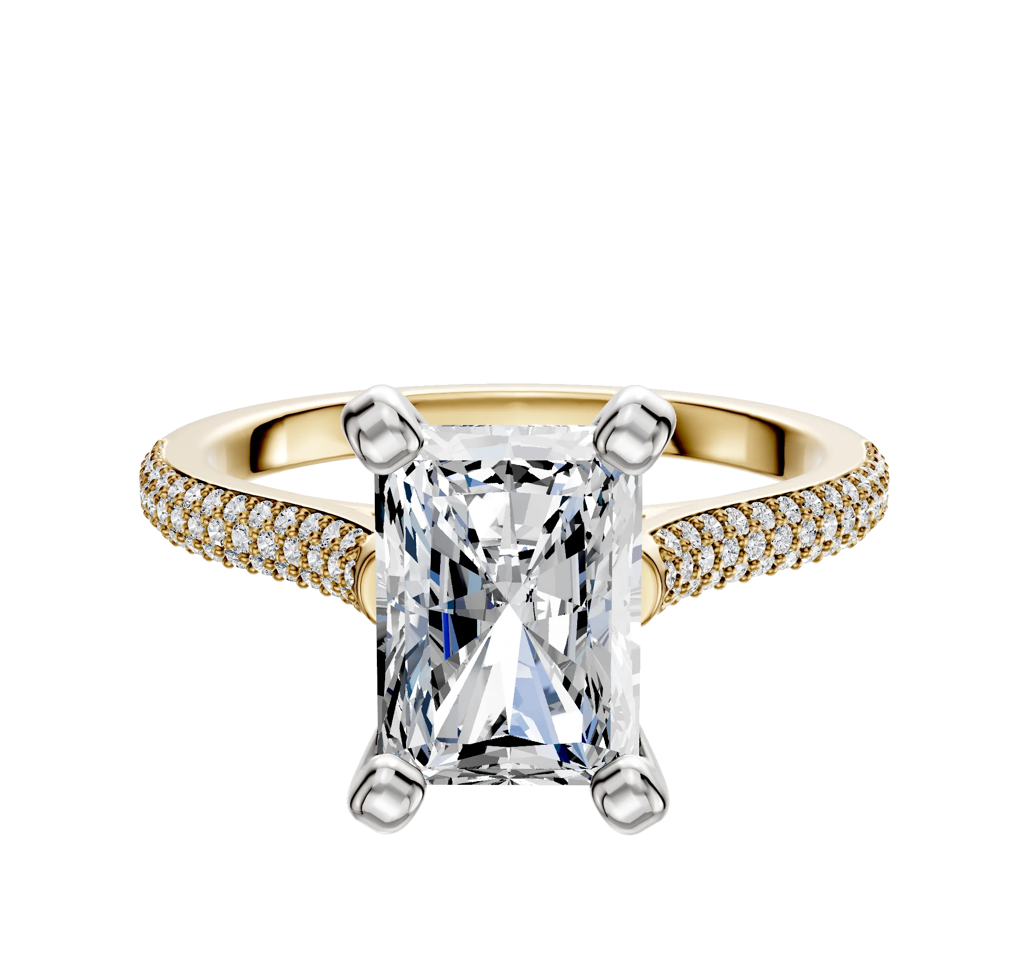 14K Two Tone 4 Prong Cathedral Dome 3-Row-Pave 2.0mm Engagement Ring