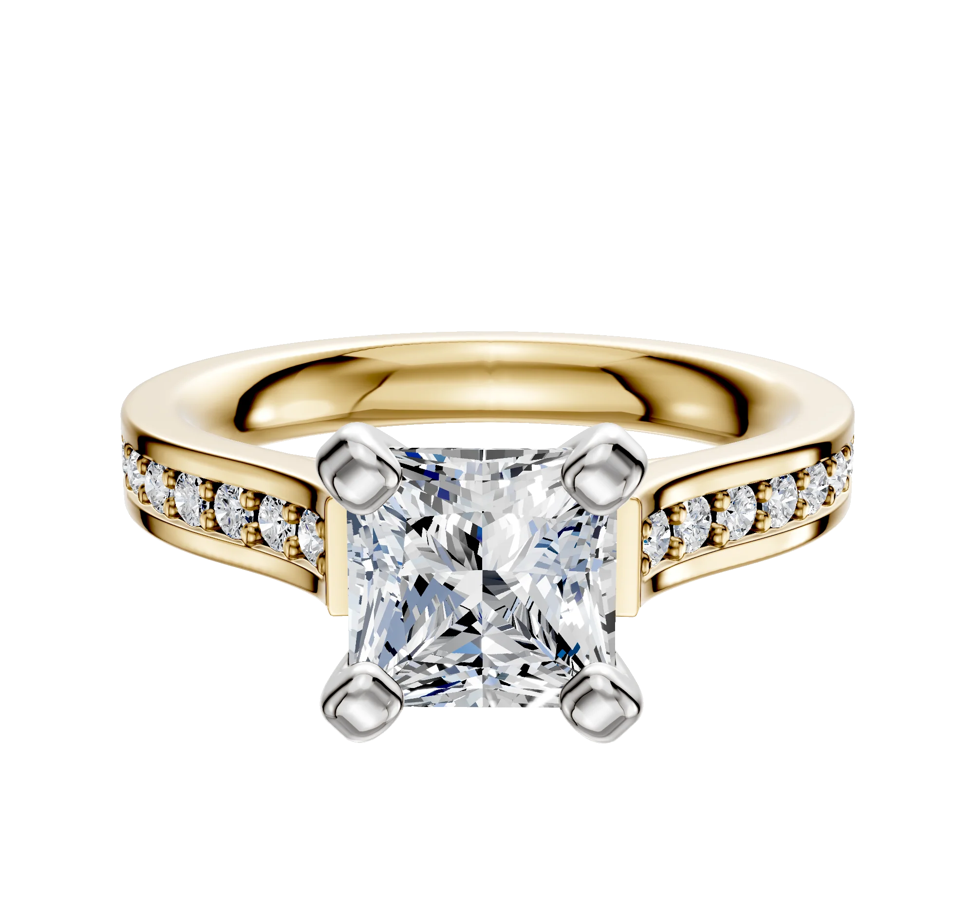 14K Two Tone 4 Prong Cathedral Flat 1-Row-Pave 2.5mm Engagement Ring