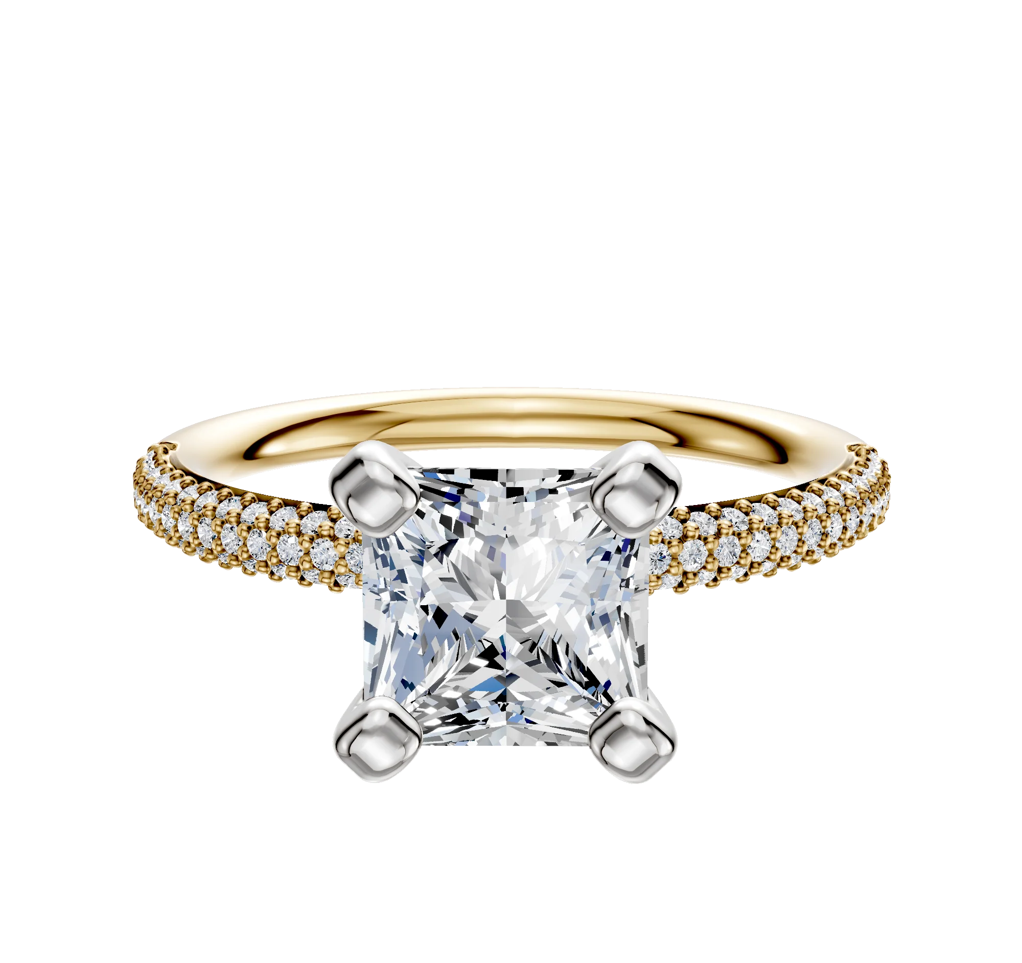 14K Two Tone 4 Prong Classic Dome 3-Row-Pave 2.0mm Engagement Ring