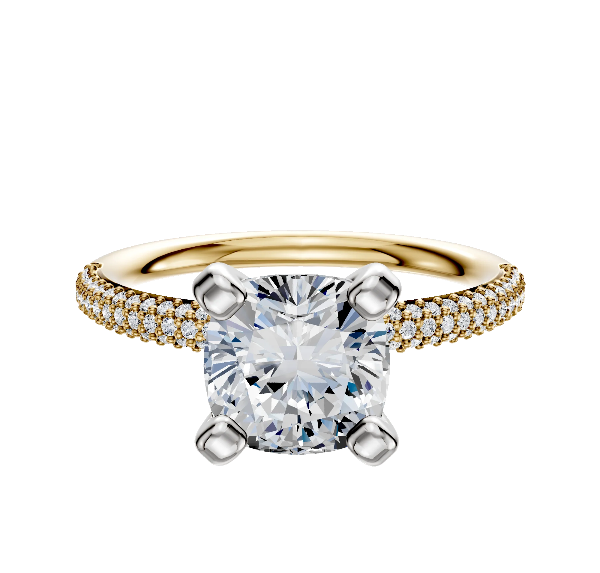 14K Two Tone 4 Prong Classic Dome 3-Row-Pave 2.0mm Engagement Ring