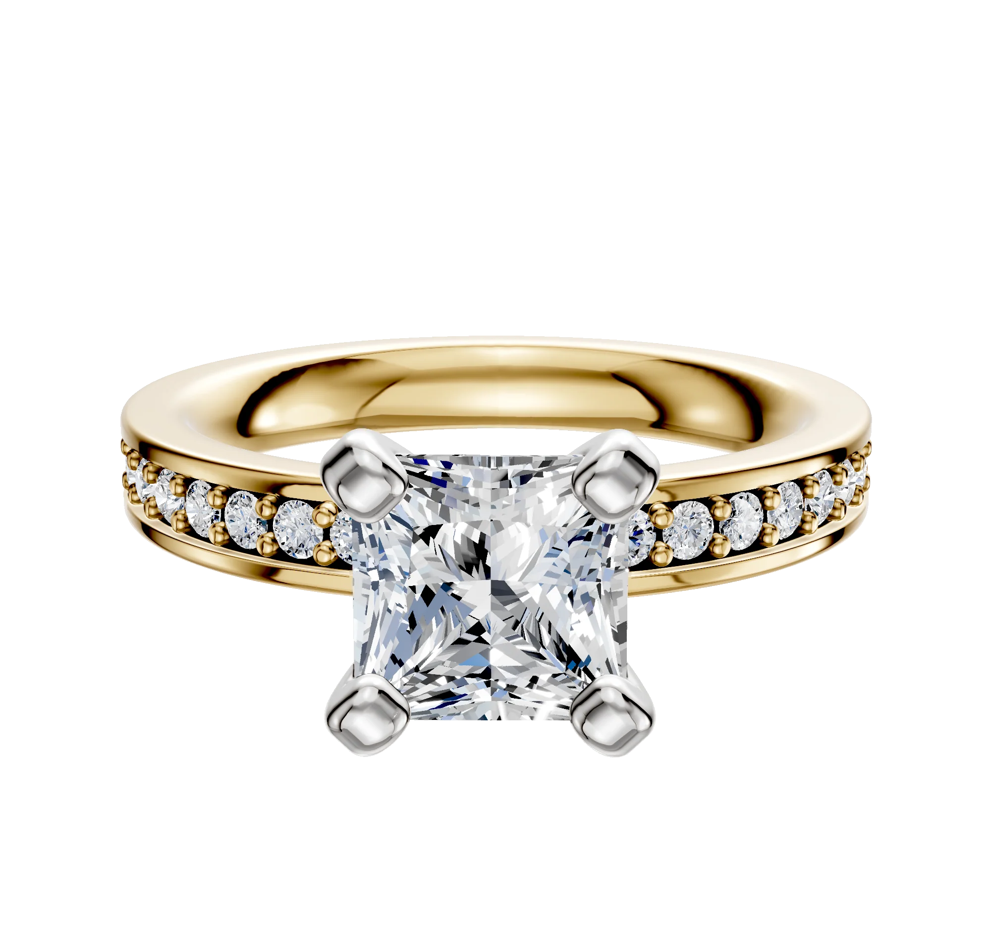 14K Two Tone 4 Prong Classic Flat 1-Row-Pave 2.5mm Engagement Ring