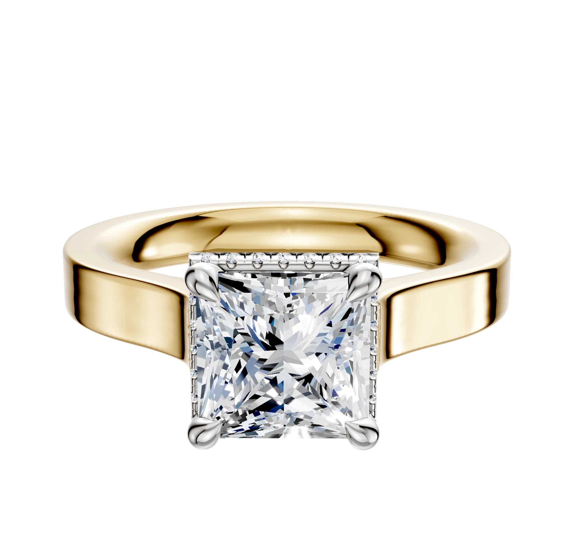 14K Two Tone 4 Prong Collar Cathedral Flat 3.0mm Engagement Ring
