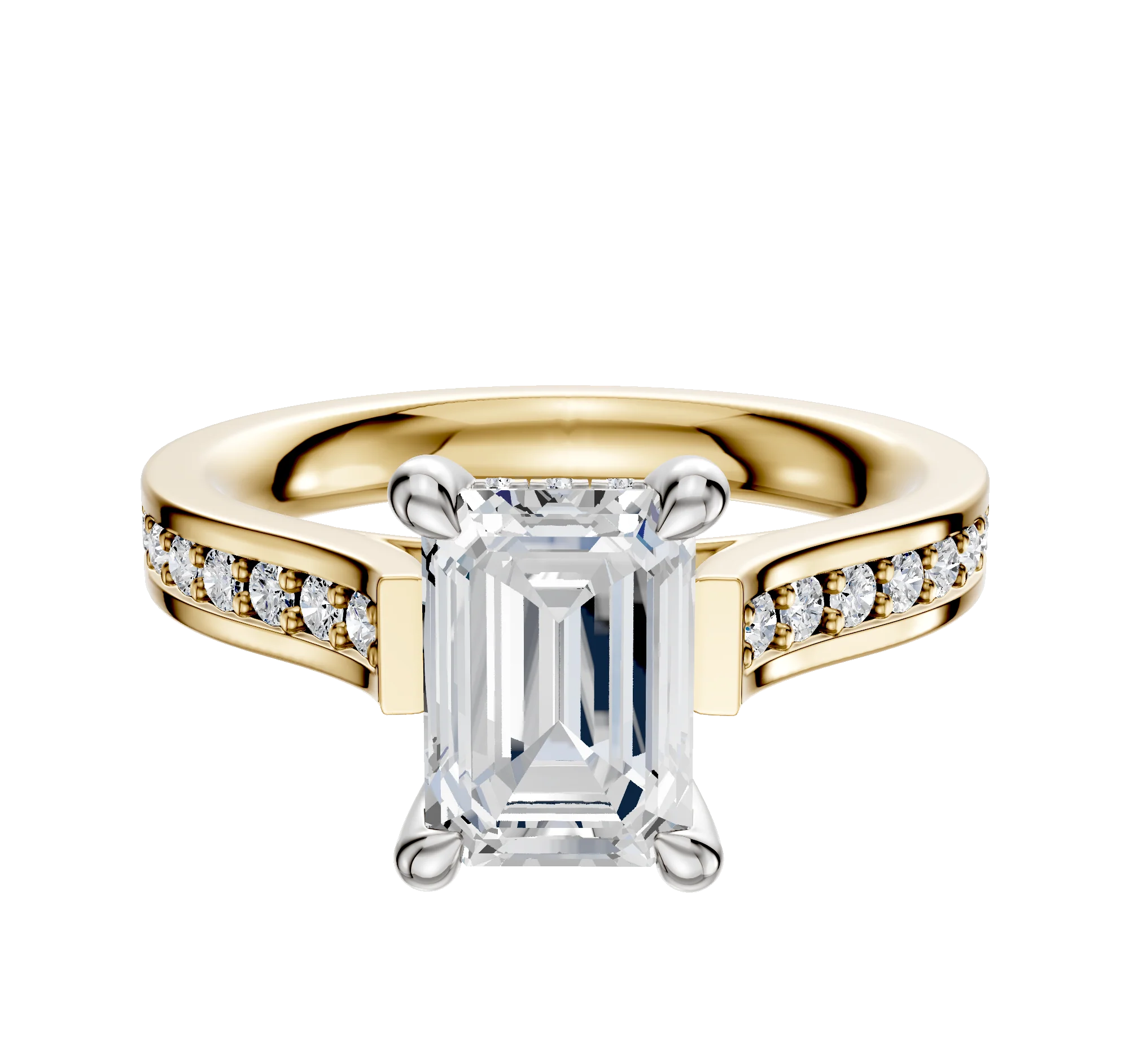 14K Two Tone 4 Prong Hidden Halo Cathedral Flat 1-Row-Pave 2.5mm Engagement Ring