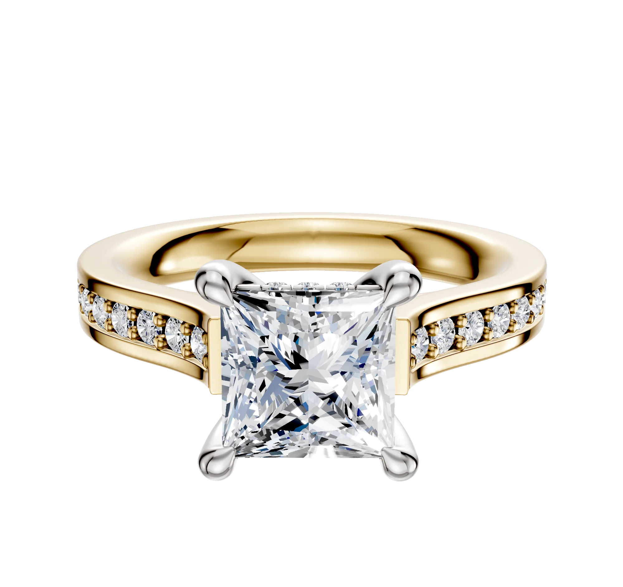 14K Two Tone 4 Prong Hidden Halo Cathedral Flat 1-Row-Pave 2.5mm Engagement Ring