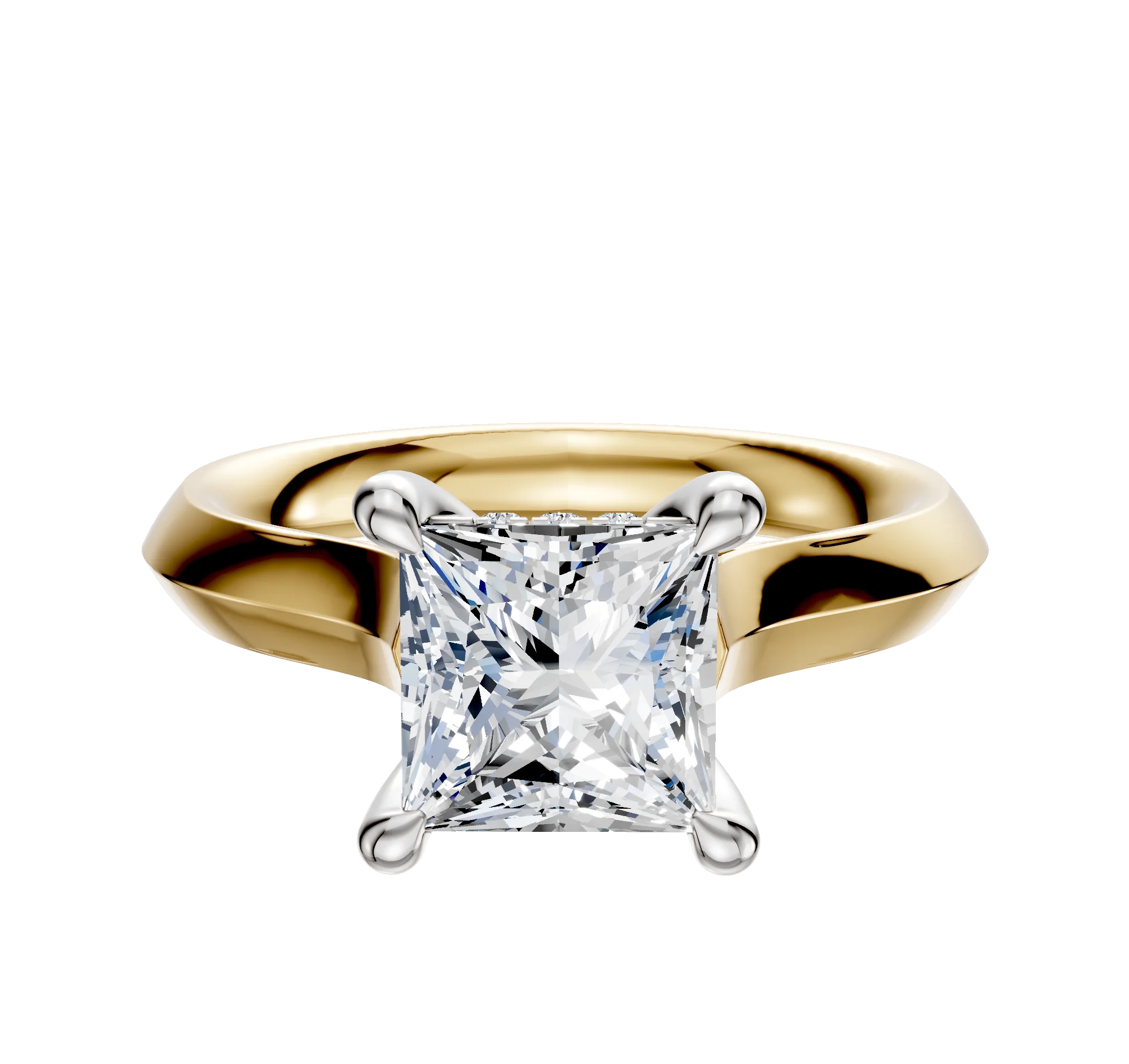 14K Two Tone 4 Prong Hidden Halo Cathedral Knife Edge 3.0mm Engagement Ring