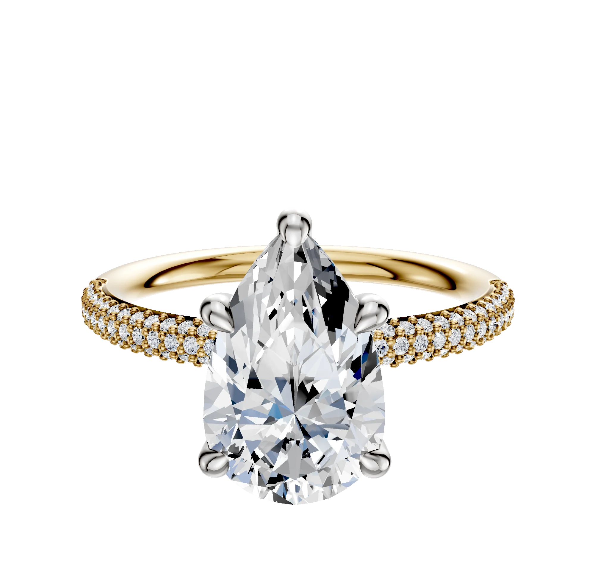 14K Two Tone 4 Prong Hidden Halo Classic Dome 3-Row-Pave 2.0mm Engagement Ring