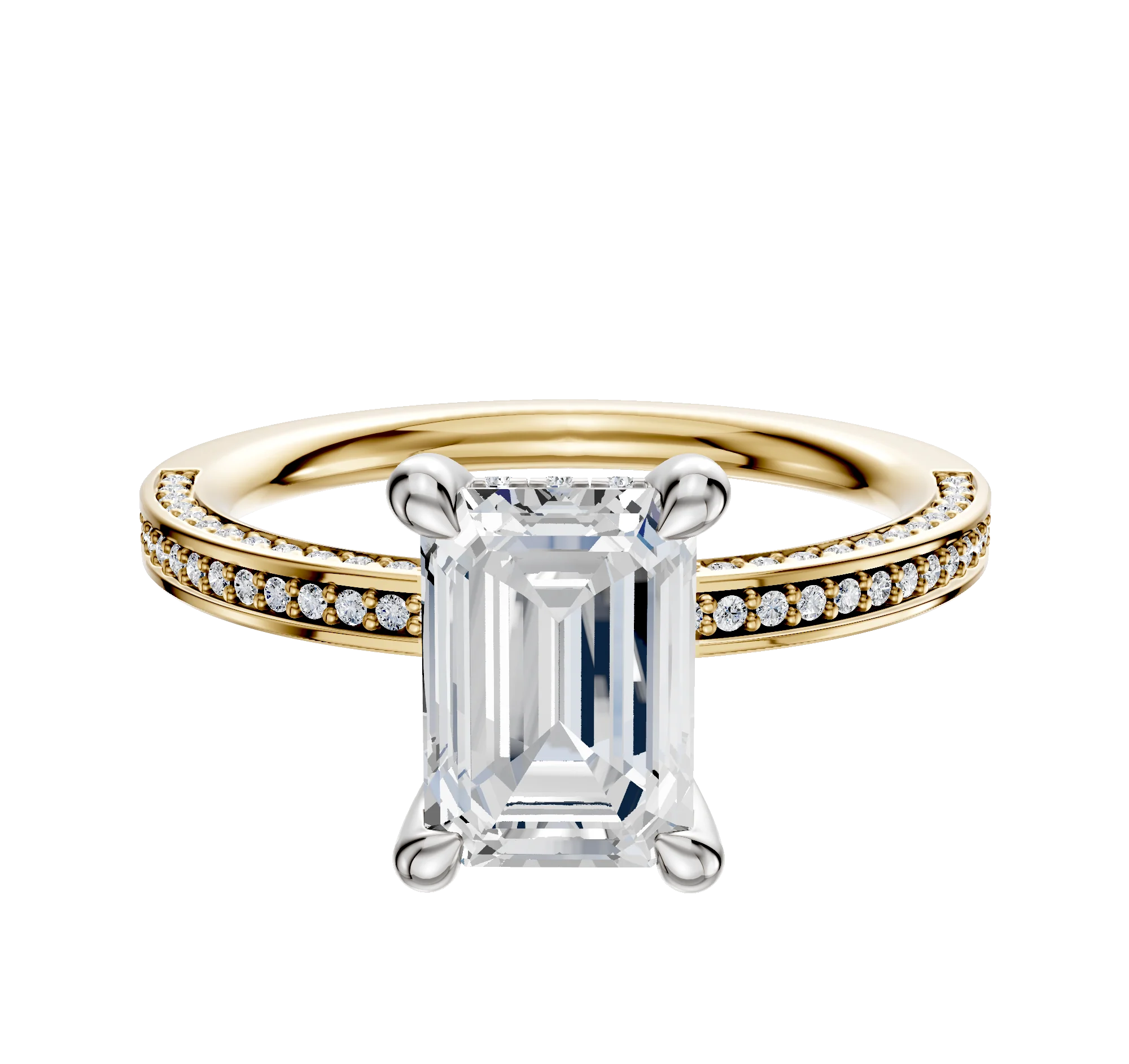 14K Two Tone 4 Prong Hidden Halo Classic Flat 3-Row-Pave 2.0mm Engagement Ring