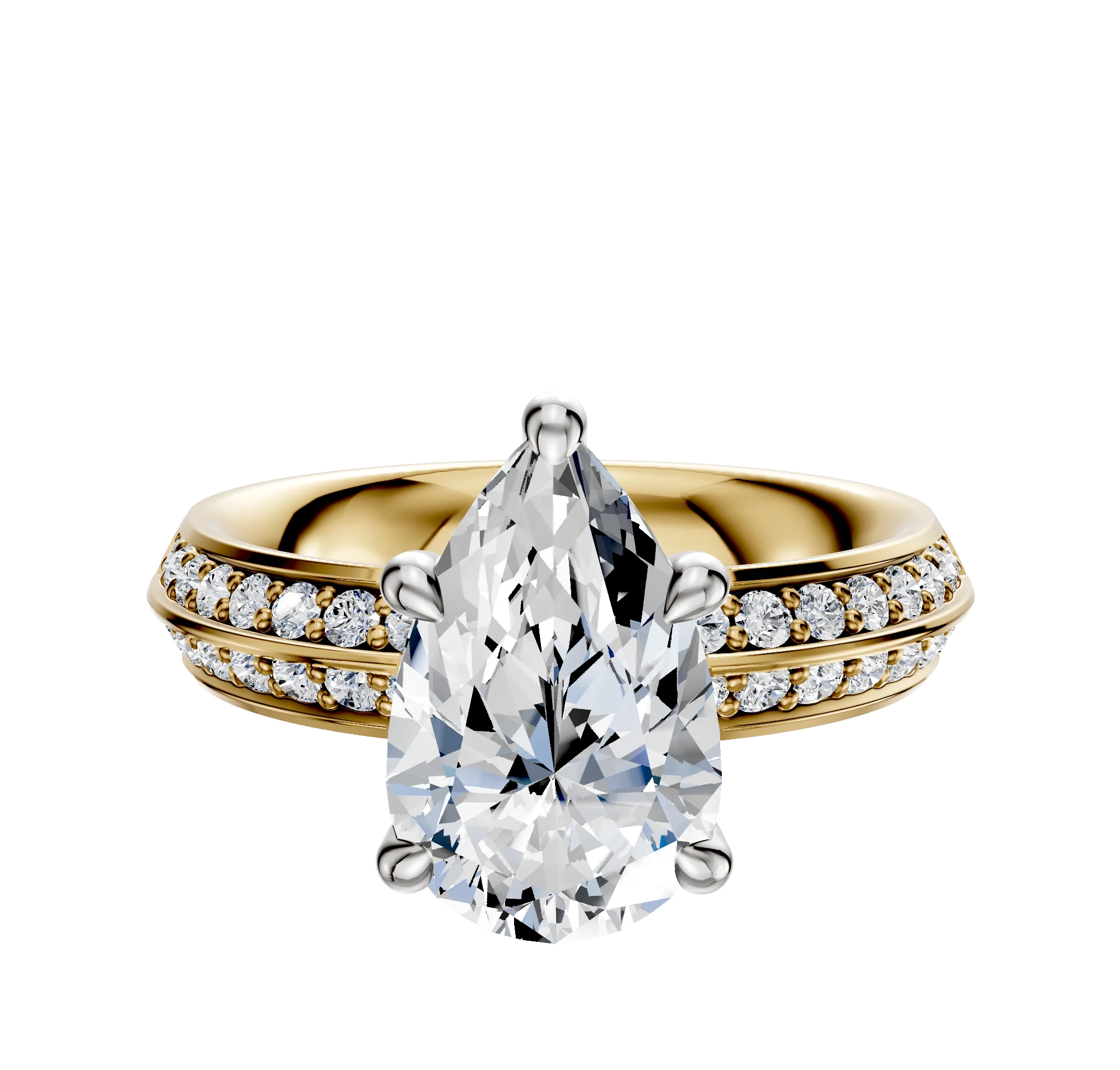 14K Two Tone 4 Prong Hidden Halo Classic Knife Edge 1-Row-Pave 2.5mm Engagement Ring