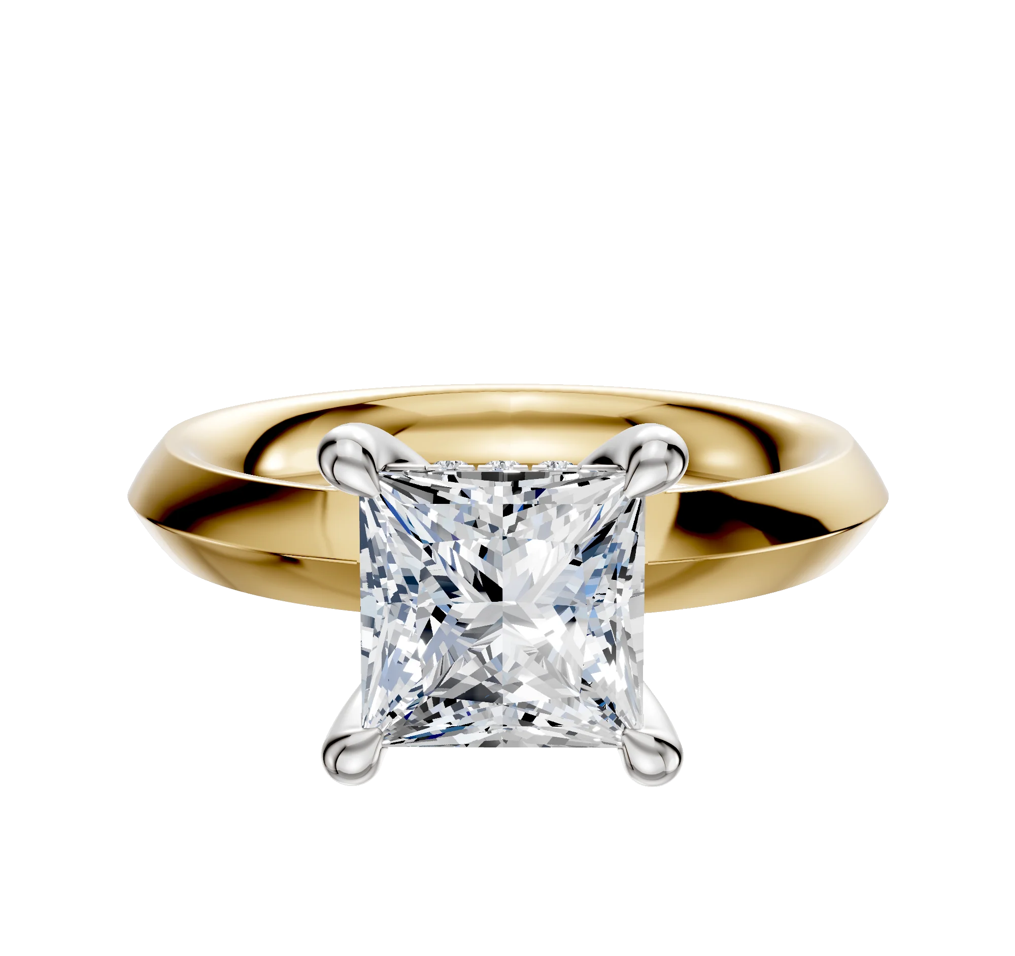 14K Two Tone 4 Prong Hidden Halo Classic Knife Edge 3.0mm Engagement Ring
