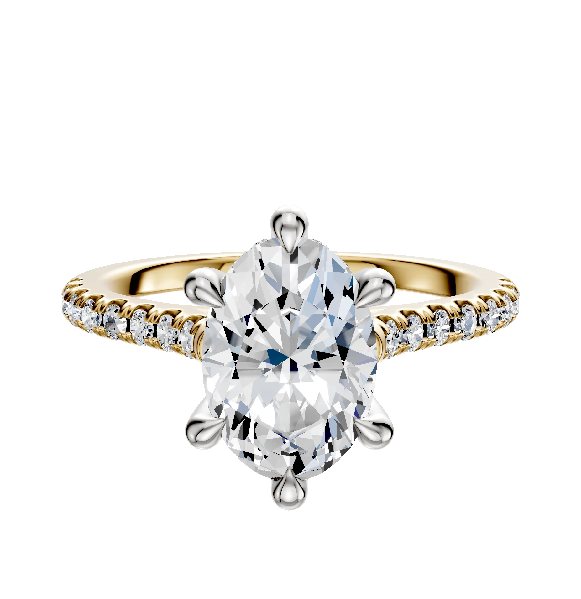 14K Two Tone 6 Prong Hidden Halo Cathedral Dome 1-Row-Pave 2.5mm Engagement Ring