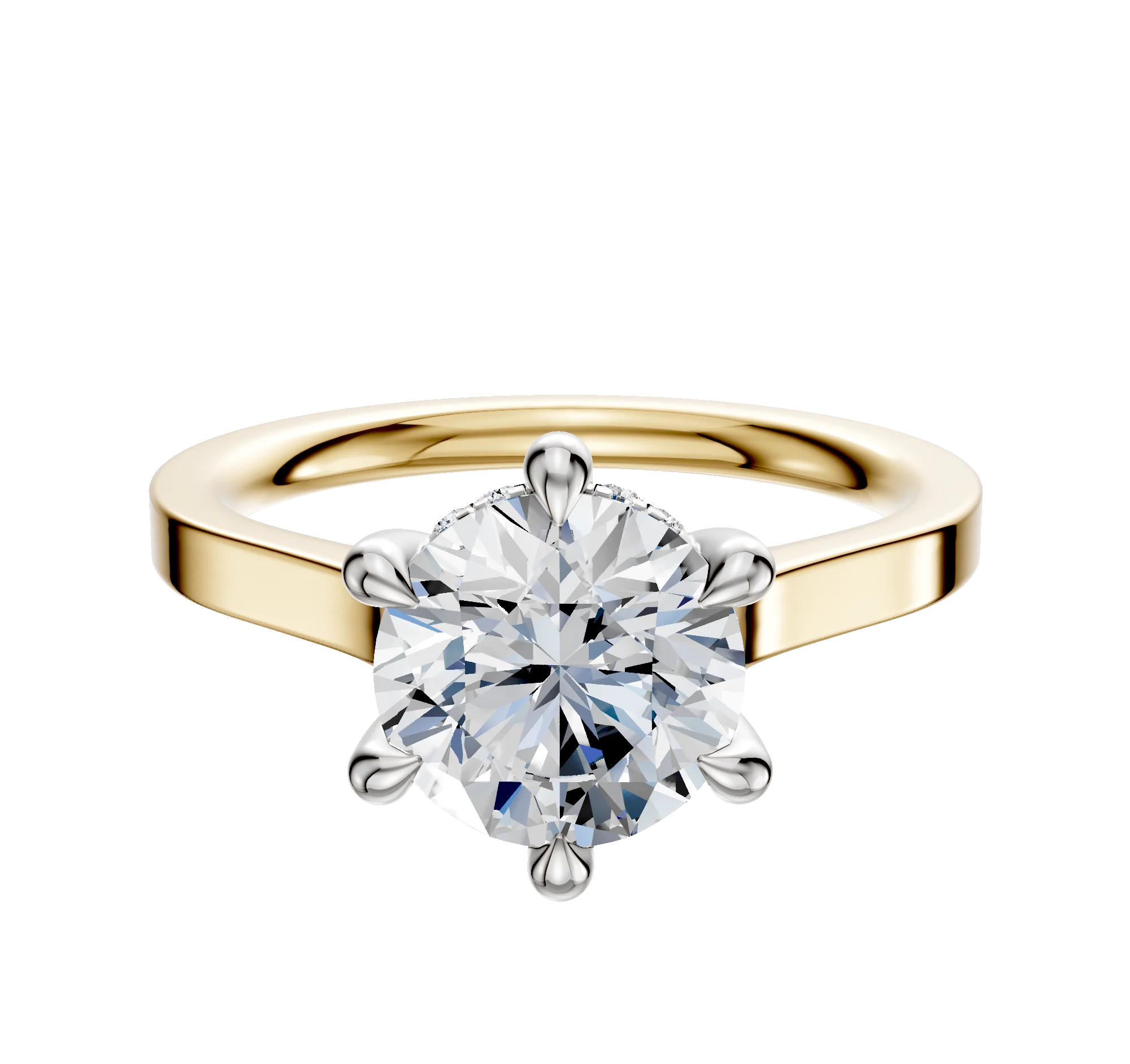 14K Two Tone 6 Prong Hidden Halo Cathedral Flat 2.0mm Engagement Ring