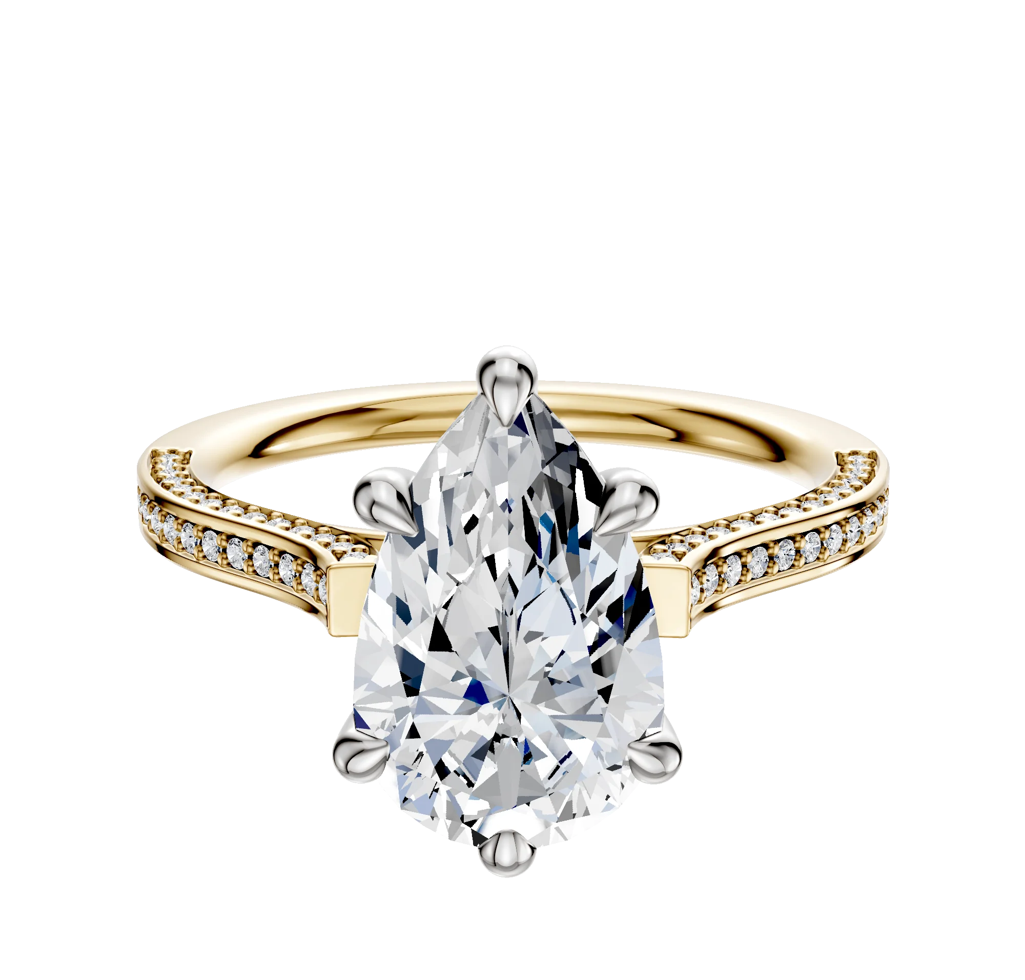 14K Two Tone 6 Prong Hidden Halo Cathedral Flat 3-Row-Pave 2.0mm Engagement Ring