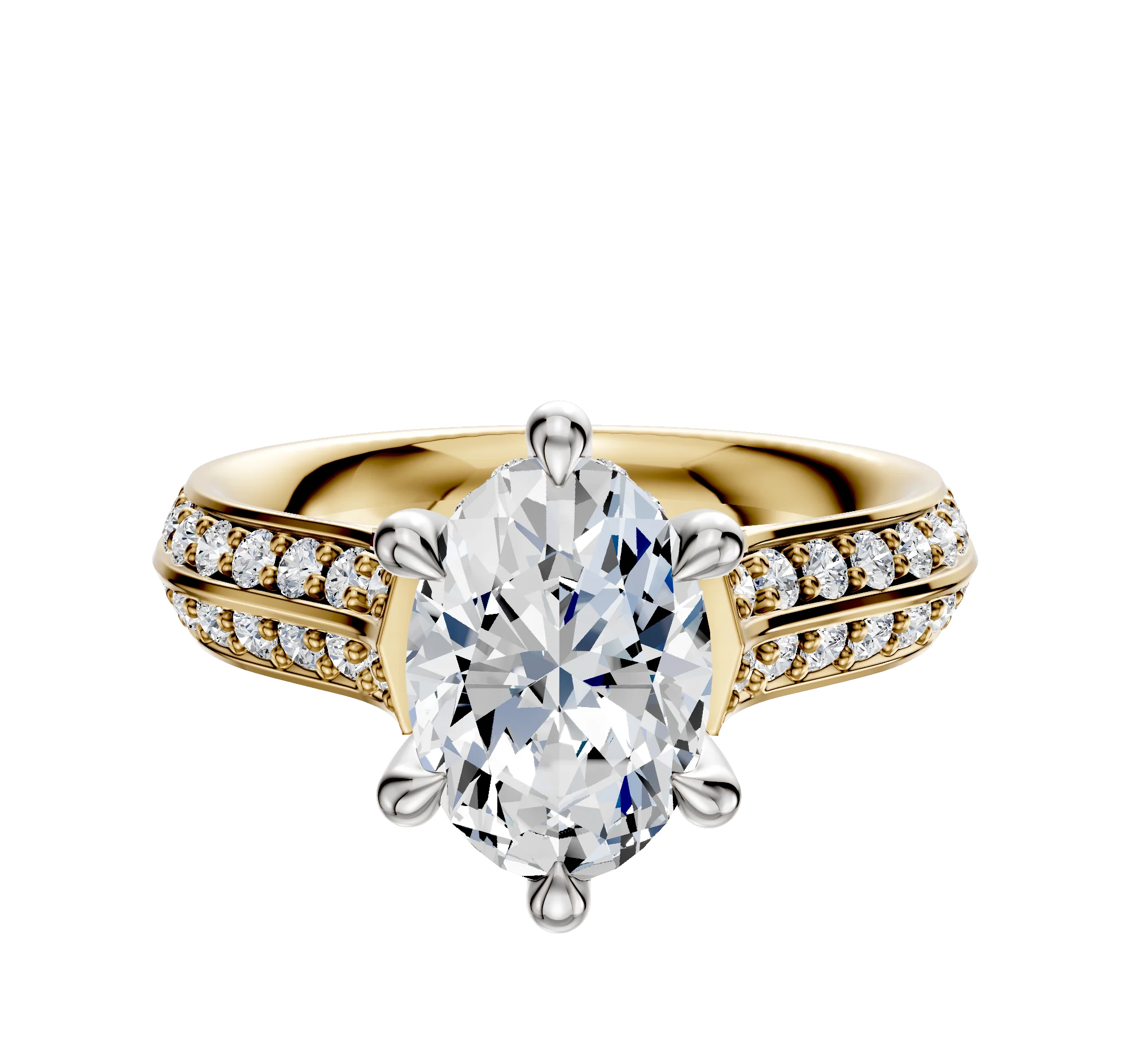 14K Two Tone 6 Prong Hidden Halo Cathedral Knife Edge 1-Row-Pave 2.5mm Engagement Ring