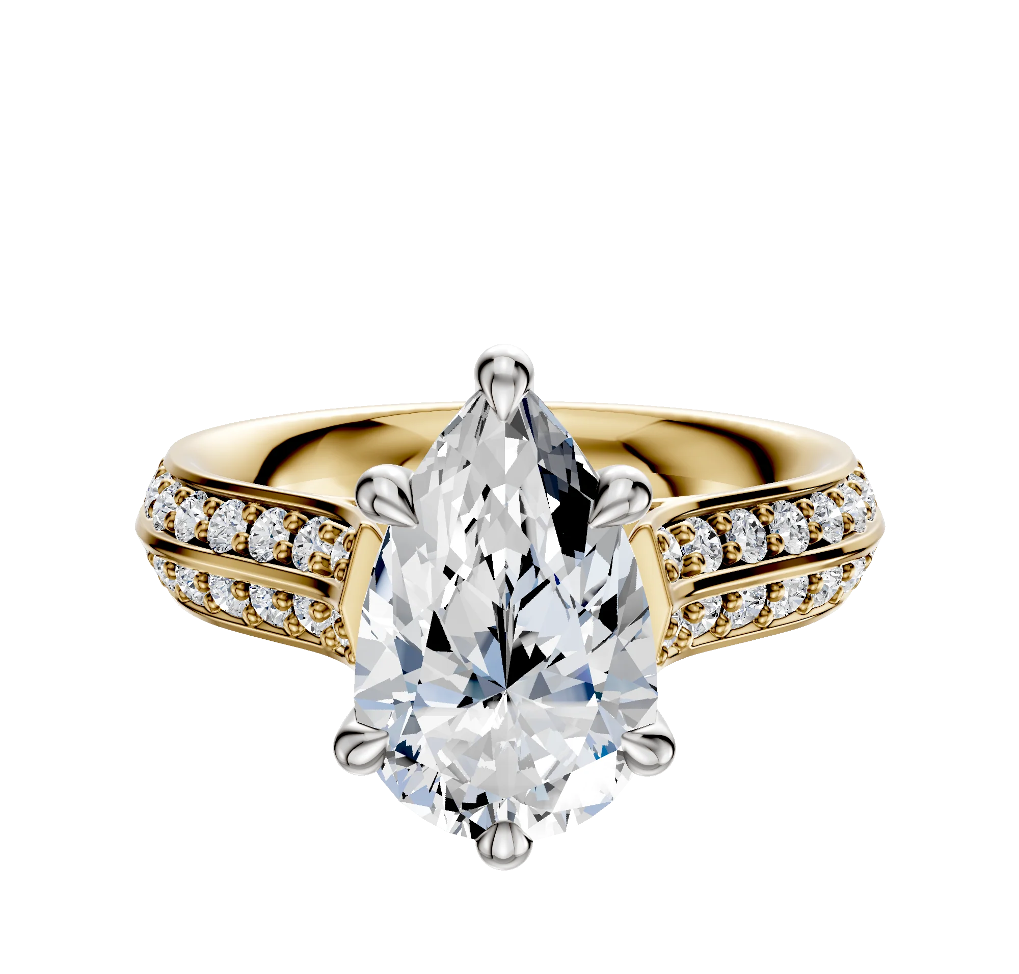 14K Two Tone 6 Prong Hidden Halo Cathedral Knife Edge 1-Row-Pave 2.5mm Engagement Ring