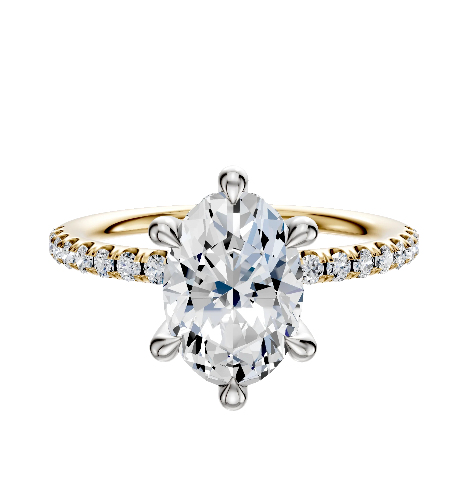 14K Two Tone 6 Prong Hidden Halo Classic Dome 1-Row-Pave 2.5mm Engagement Ring